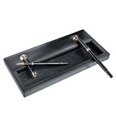 Black Leather Double Pen Stand w/ Gold Accents
