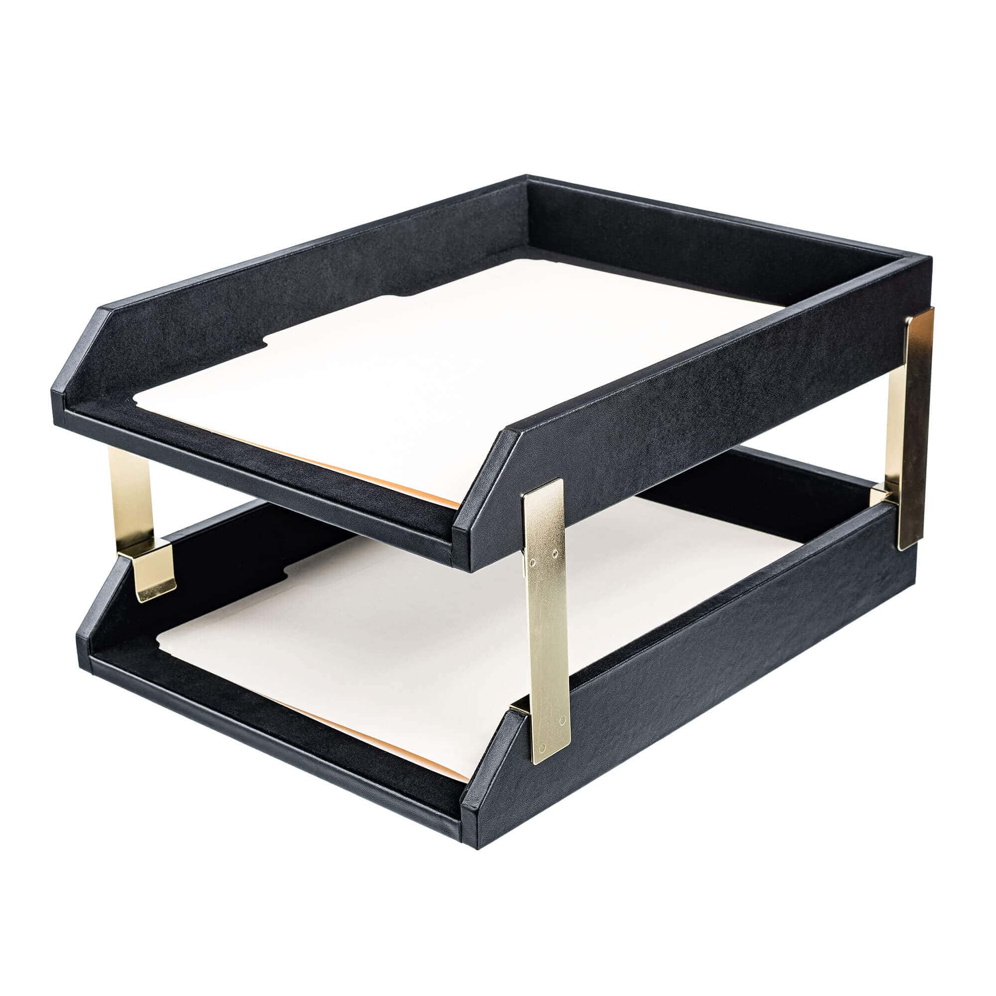 Classic Black Leather Letter Trays, Stacking Set, Gold Classic Black Leather Letter Trays, Stacking Set, Gold