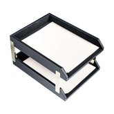 Classic Black Leather Letter Trays, Stacking Set, Gold