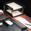 Classic Black Leather Letter Trays, Stacking Set, Gold Classic Black Leather Letter Trays, Stacking Set, Gold