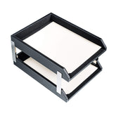 Classic Black Leather Letter Trays, Stacking Set, Silver