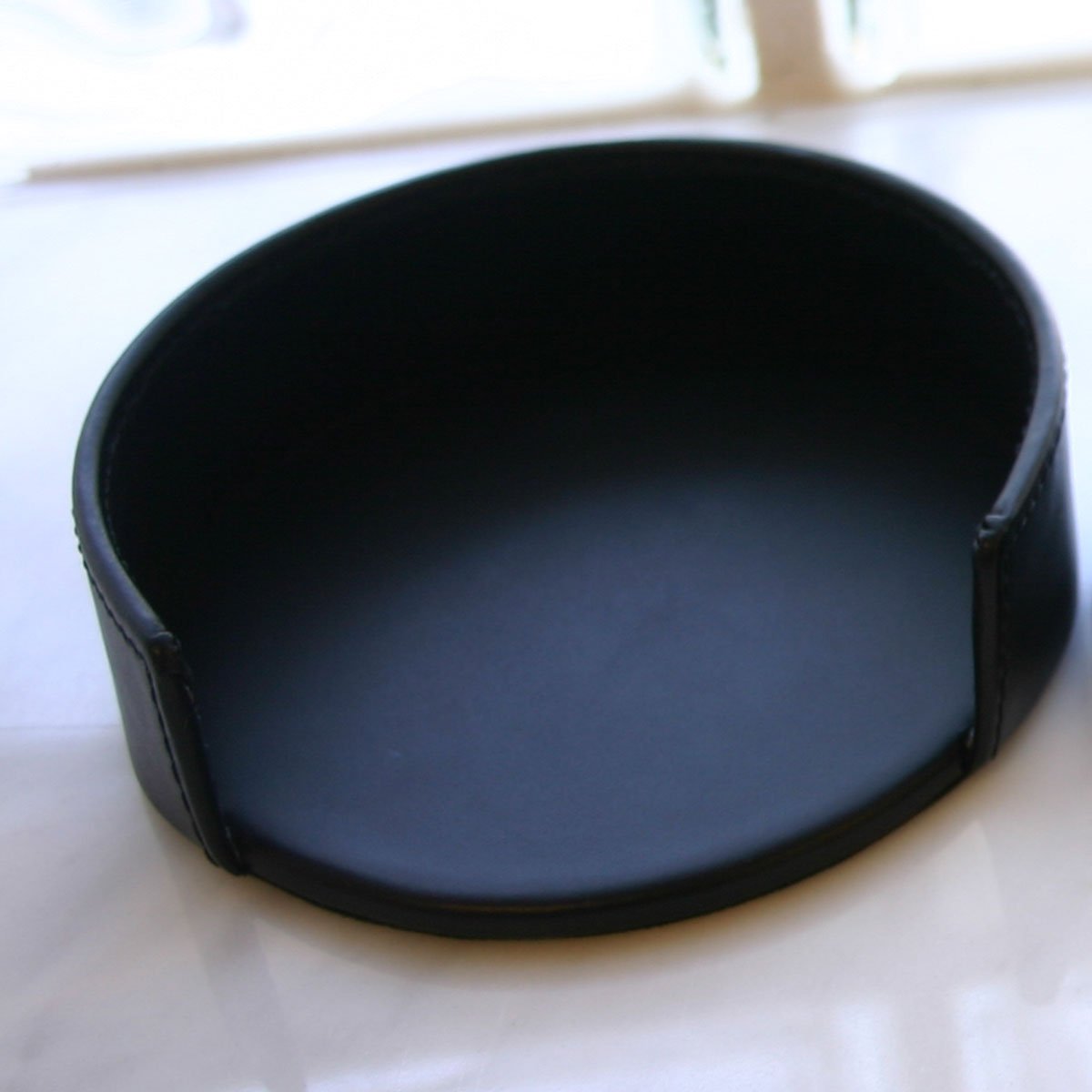 Black Leather 4pc Round Coaster Holder Black Leather 4pc Round Coaster Holder