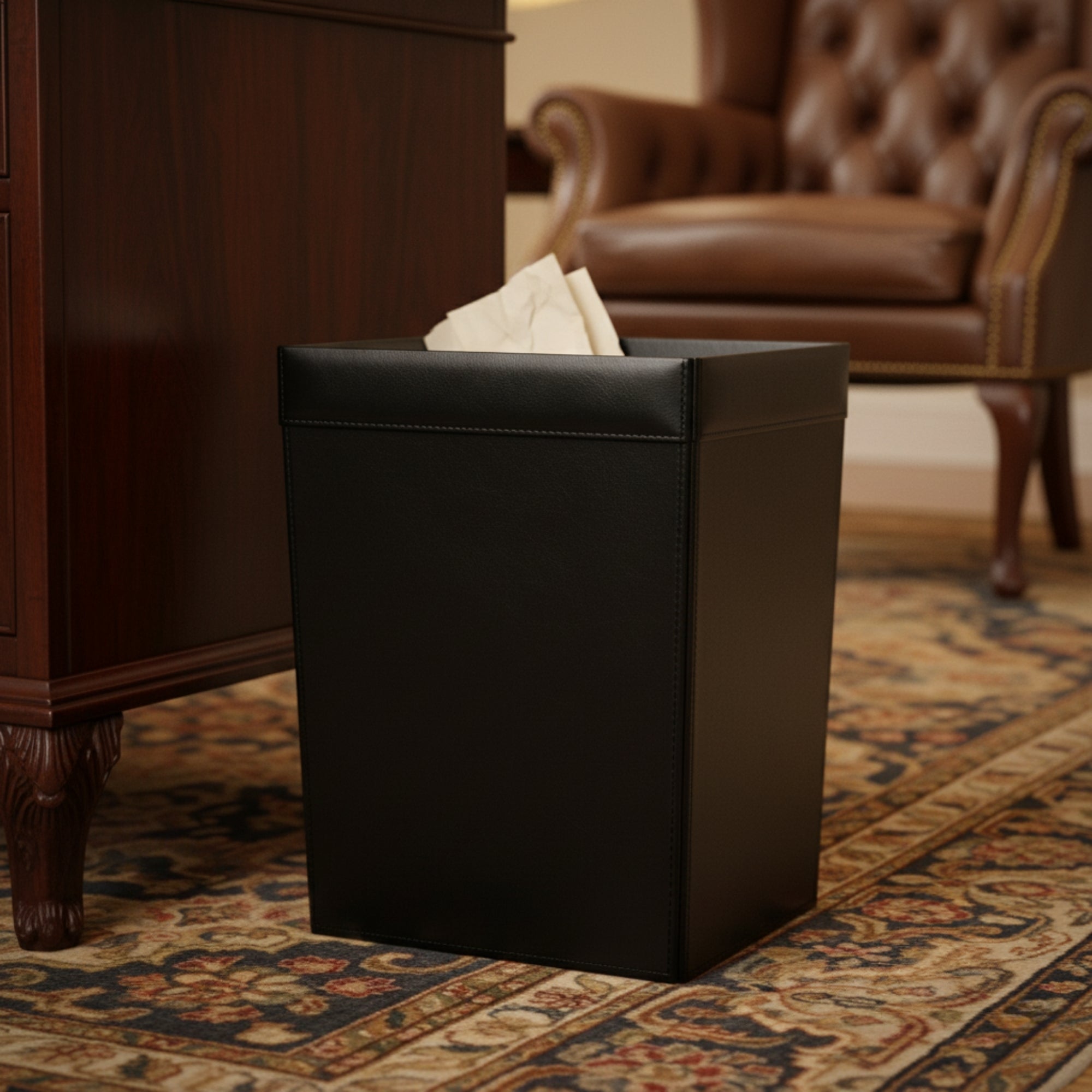 Classic Black Leather Square Waste Basket, 32 Qt Classic Black Leather Square Waste Basket, 32 Qt