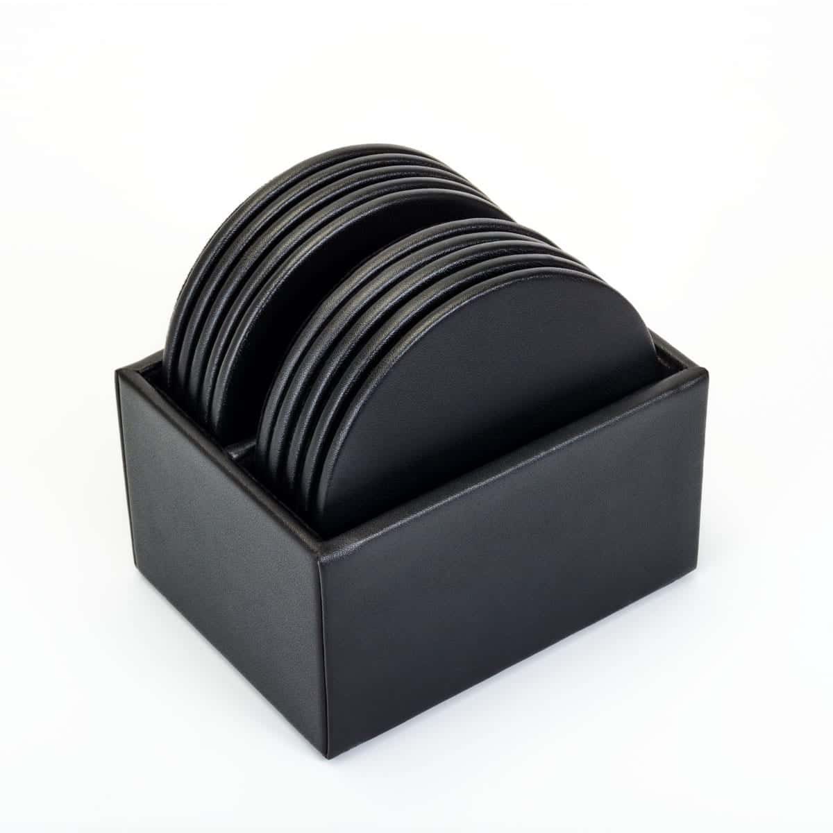 Black Leatherette 10 Round Coaster Set w/ Holder Black Leatherette 10 Round Coaster Set w/ Holder