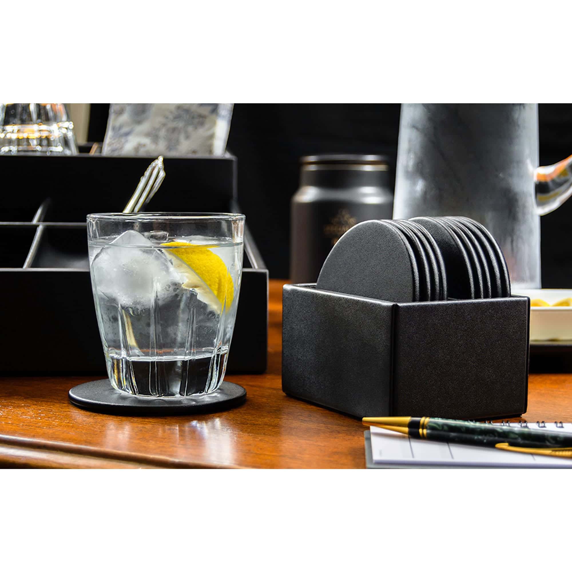 Black Leatherette 10 Round Coaster Set w/ Holder Black Leatherette 10 Round Coaster Set w/ Holder