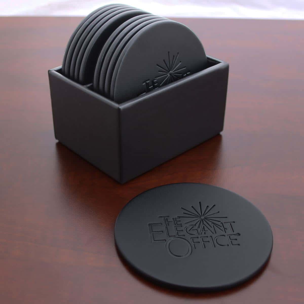 Black Leatherette 10 Round Coaster Set w/ Holder Black Leatherette 10 Round Coaster Set w/ Holder