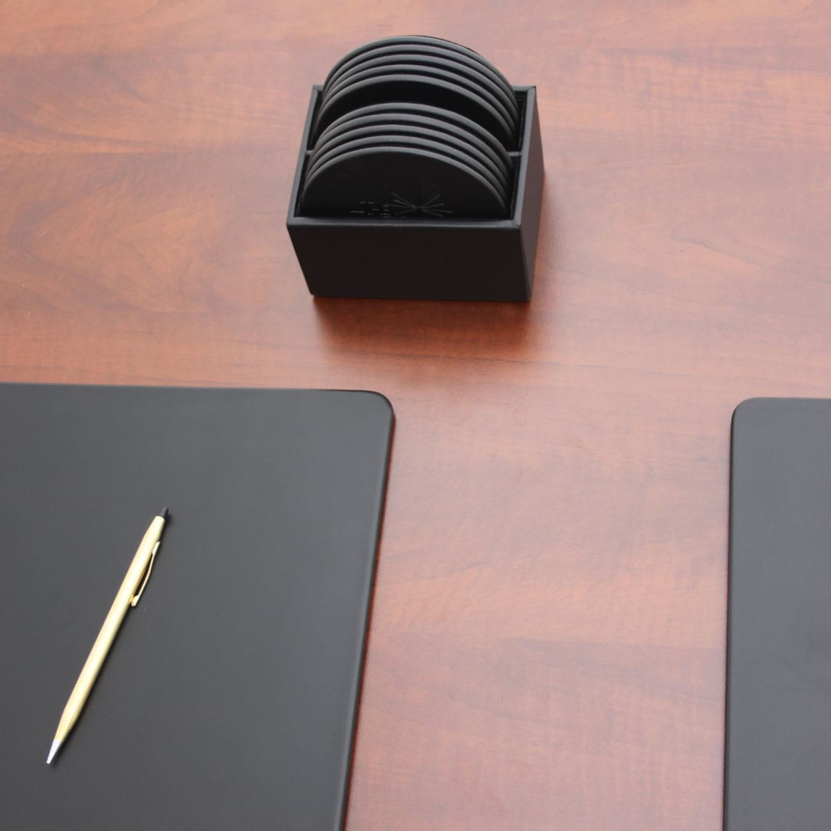 Black Leatherette 10 Round Coaster Set w/ Holder Black Leatherette 10 Round Coaster Set w/ Holder