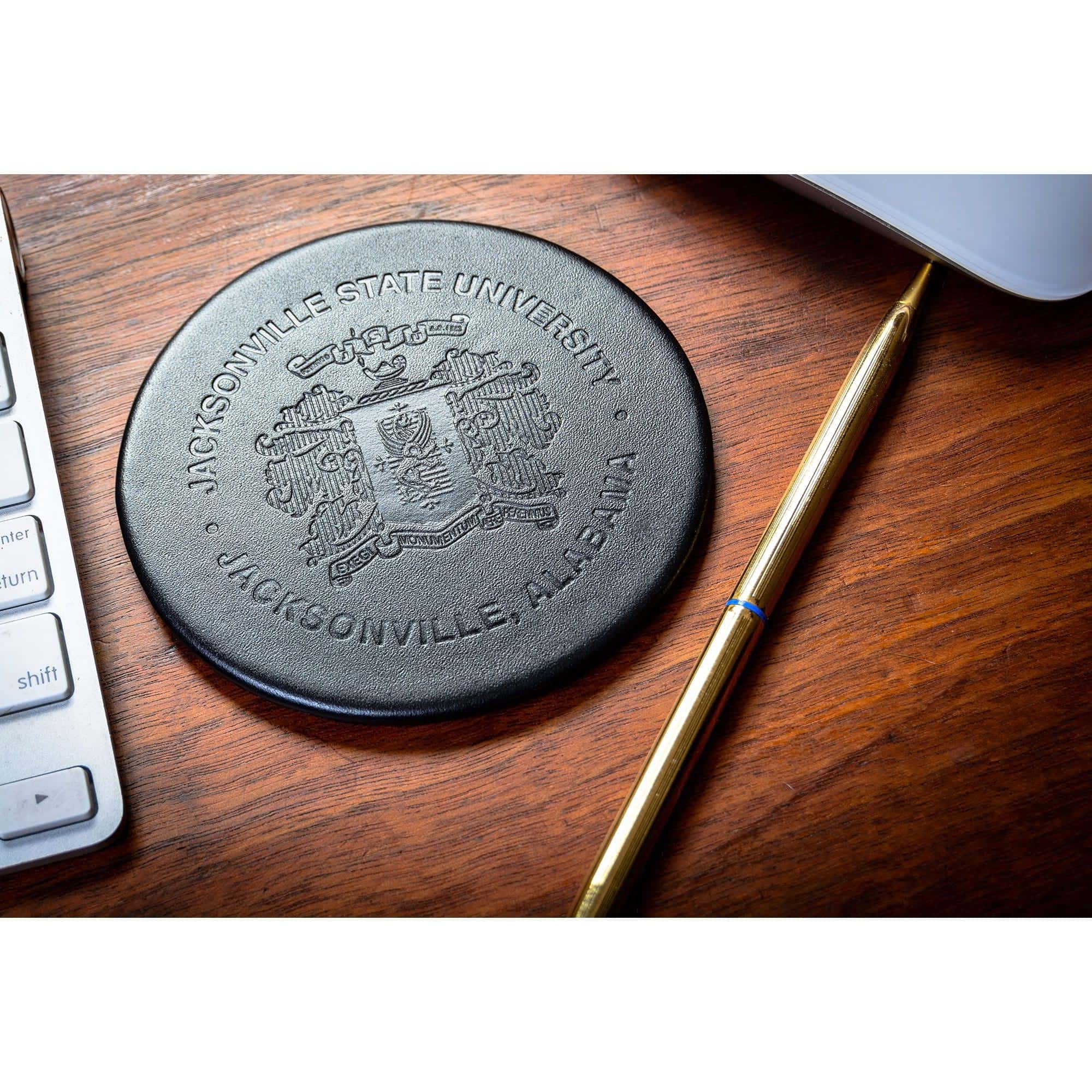 Black Leatherette Round Coaster w/ Thin Metal Core Black Leatherette Round Coaster w/ Thin Metal Core