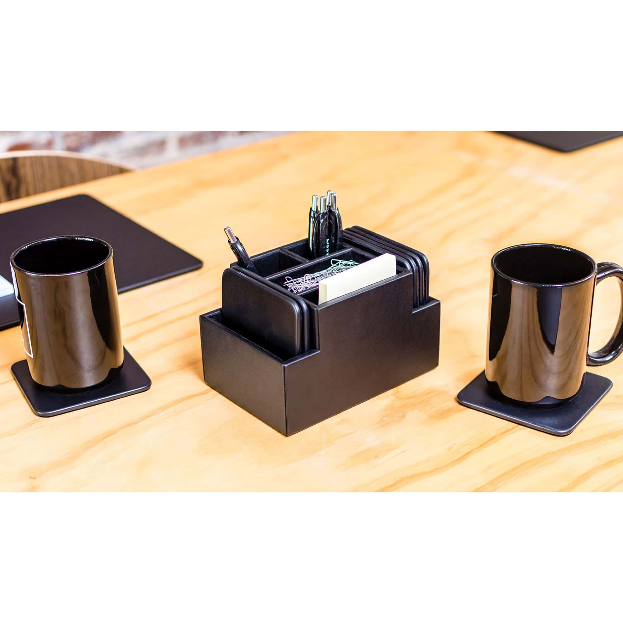 Black Leatherette 8 Square Coaster Set w/ Holder Black Leatherette 8 Square Coaster Set w/ Holder