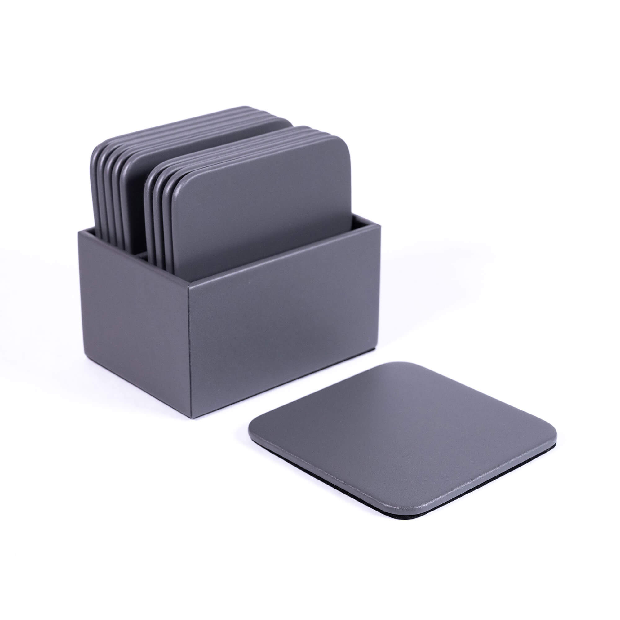 Gray Leatherette 10 Square Coaster Set w/ Holder Gray Leatherette 10 Square Coaster Set w/ Holder