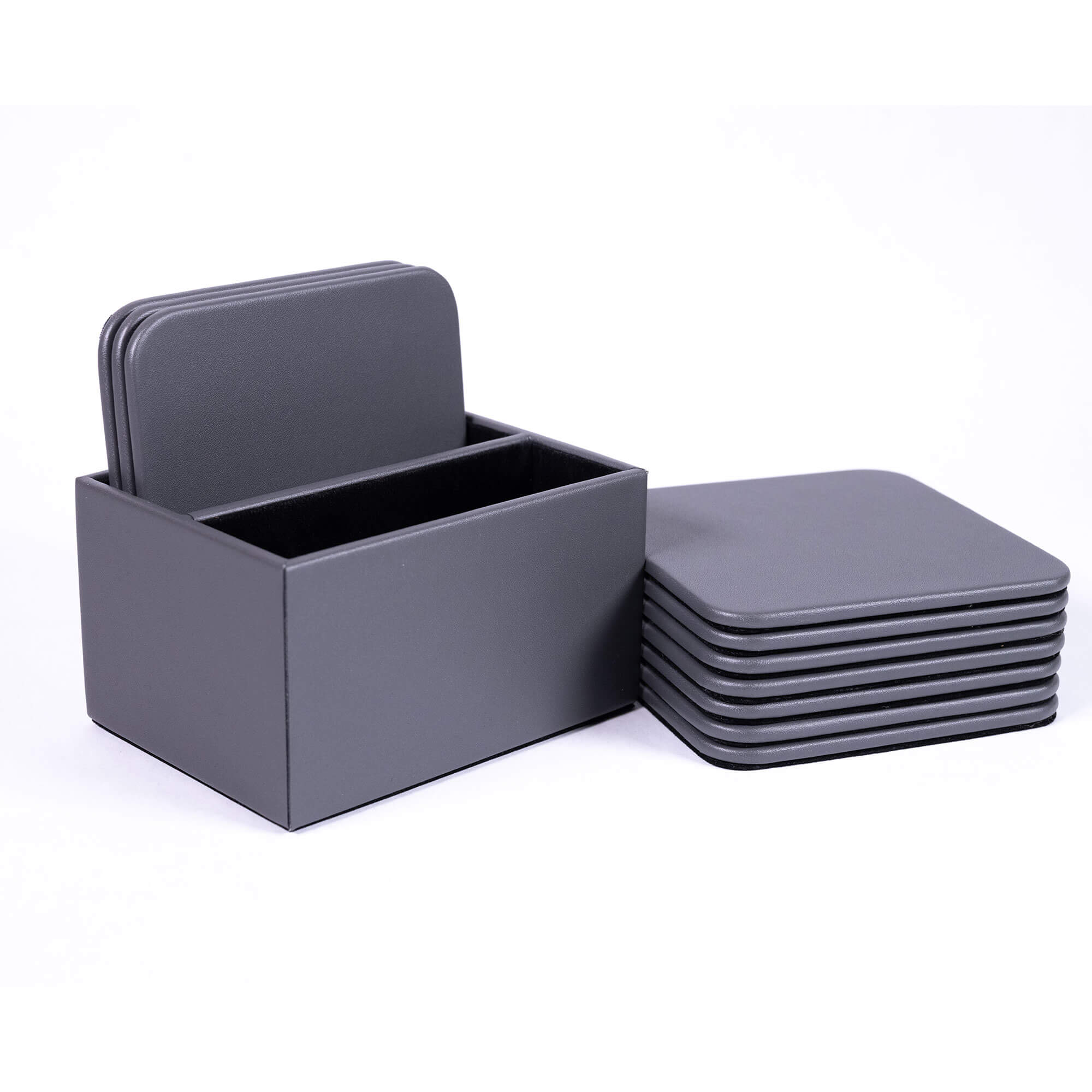 Gray Leatherette 10 Square Coaster Set w/ Holder Gray Leatherette 10 Square Coaster Set w/ Holder