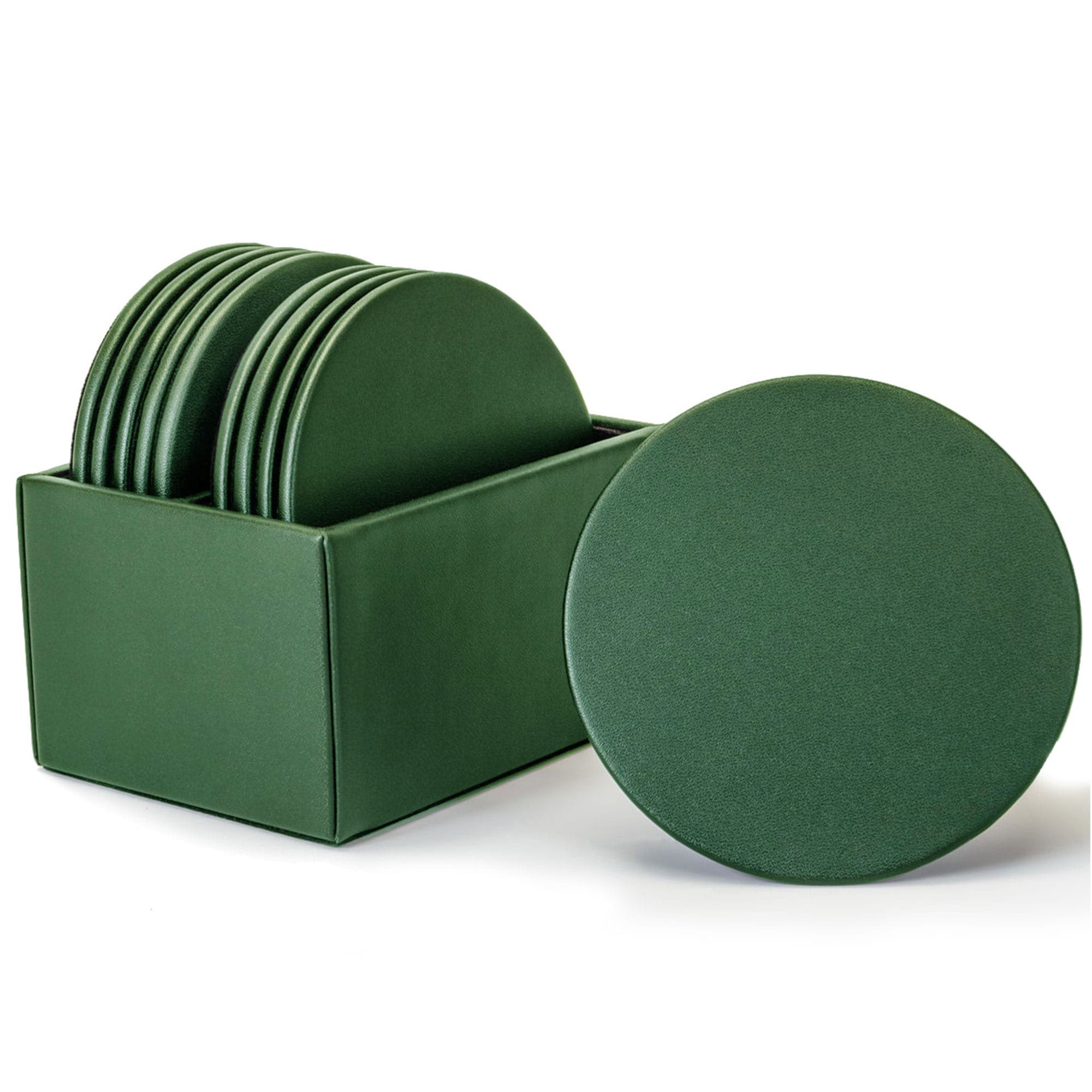 Dark Green Leather 10 Round Coaster Set w/ Holder Dark Green Leather 10 Round Coaster Set w/ Holder
