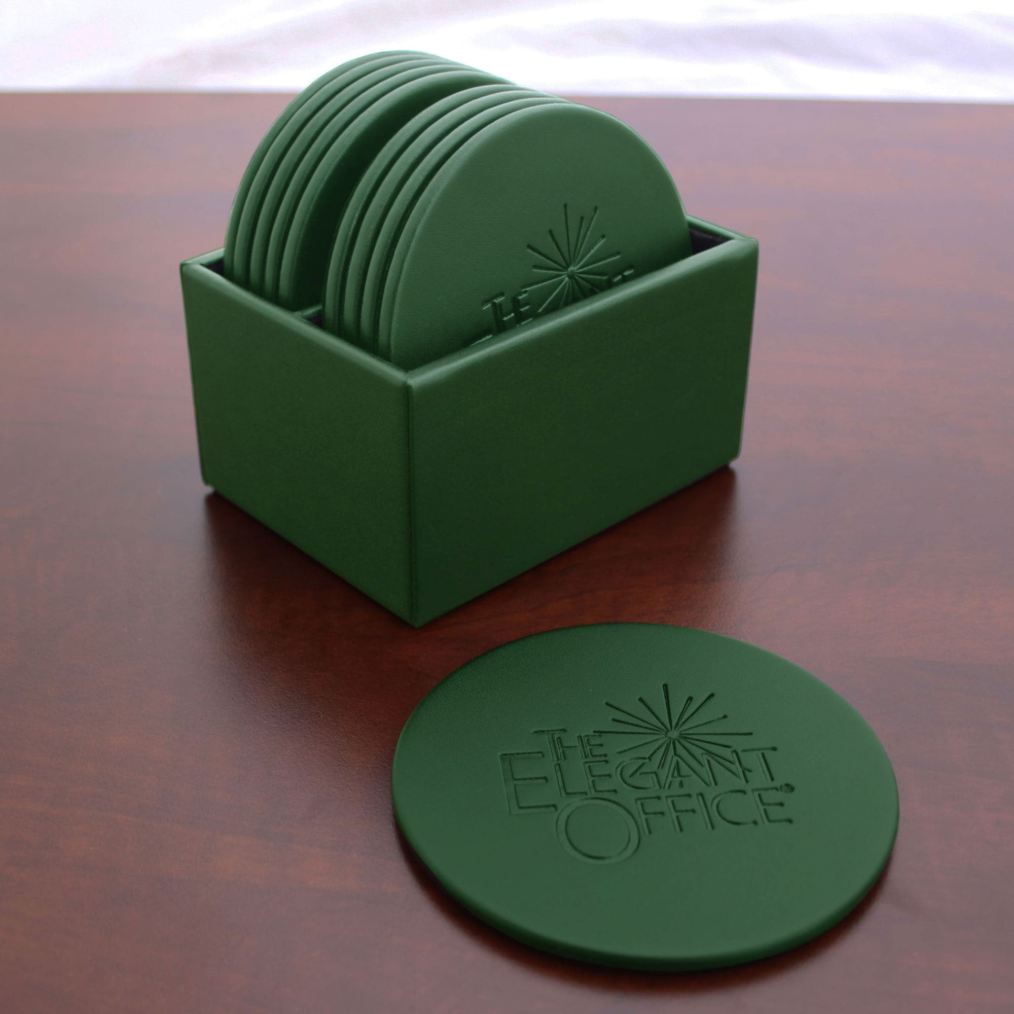 Dark Green Leather 10 Round Coaster Set w/ Holder Dark Green Leather 10 Round Coaster Set w/ Holder