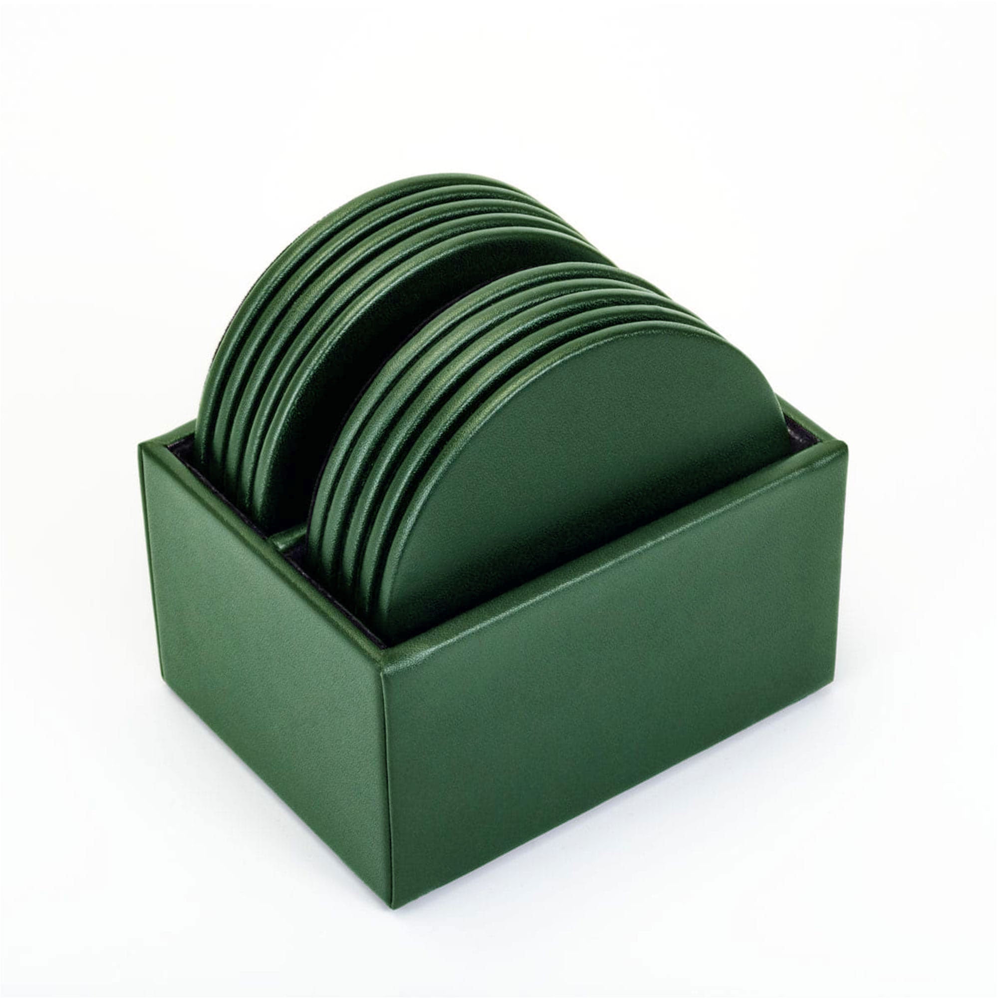 Dark Green Leather 10 Round Coaster Set w/ Holder Dark Green Leather 10 Round Coaster Set w/ Holder