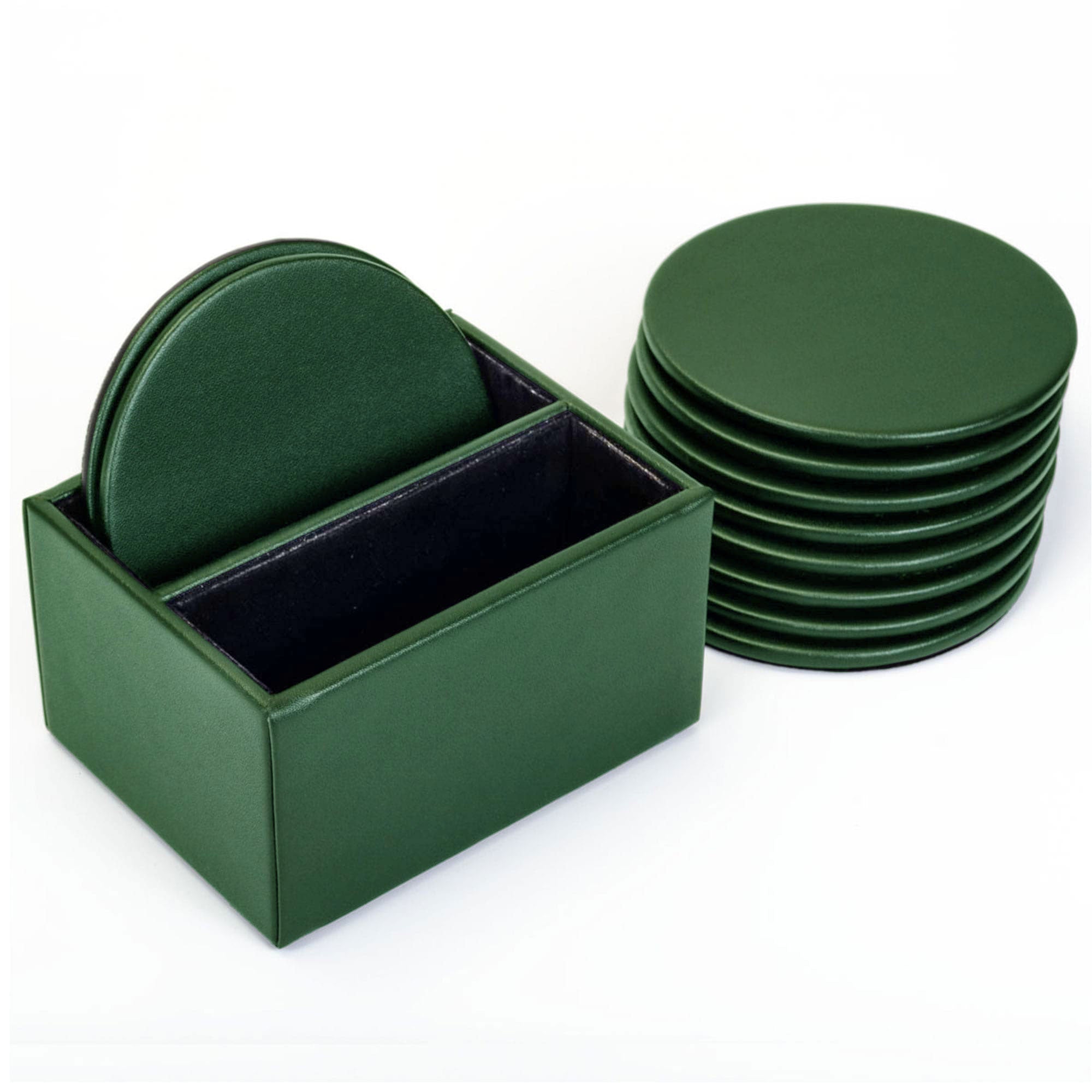Dark Green Leather 10 Round Coaster Set w/ Holder Dark Green Leather 10 Round Coaster Set w/ Holder