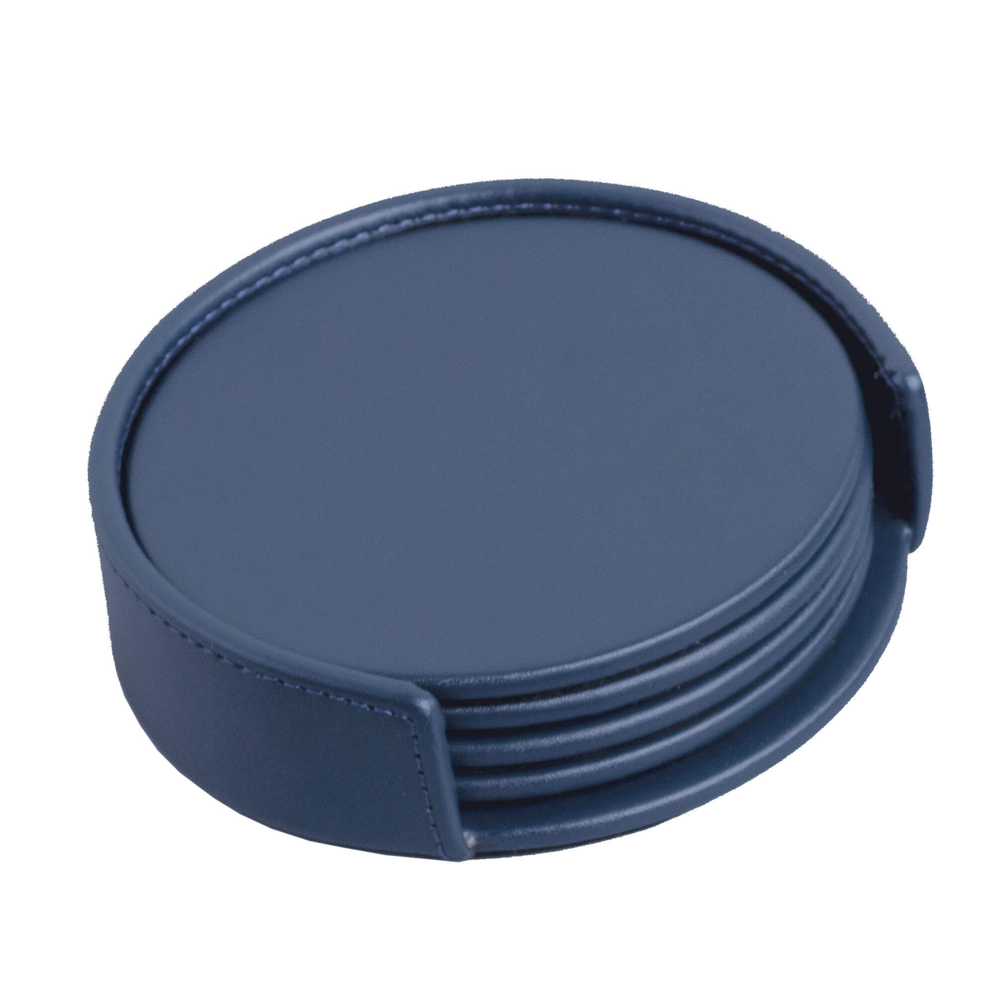 Navy Blue Leatherette 4 Round Coaster Set w/ Holder Navy Blue Leatherette 4 Round Coaster Set w/ Holder