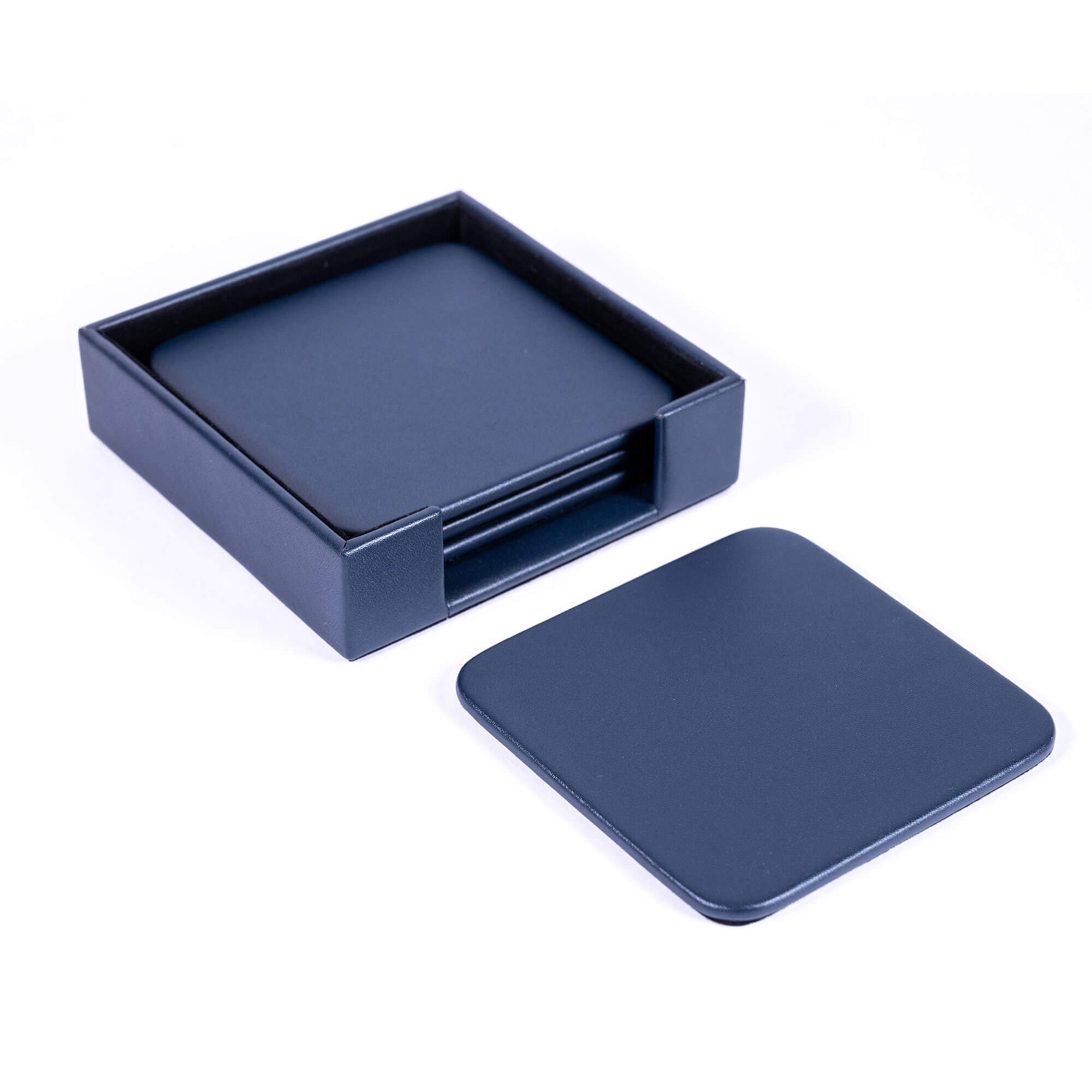 Navy Blue Leather 4 Square Coaster Set w/ Holder Navy Blue Leather 4 Square Coaster Set w/ Holder