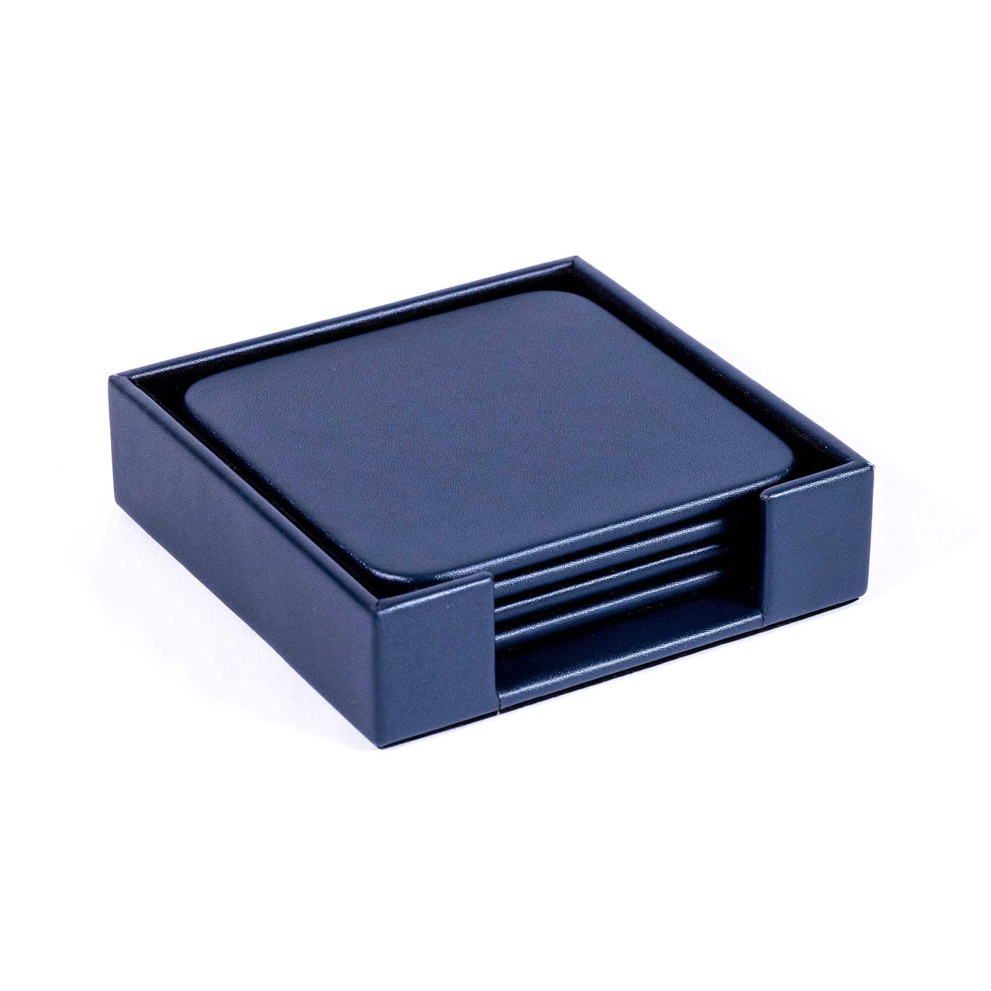 Navy Blue Leather 4 Square Coaster Set w/ Holder Navy Blue Leather 4 Square Coaster Set w/ Holder