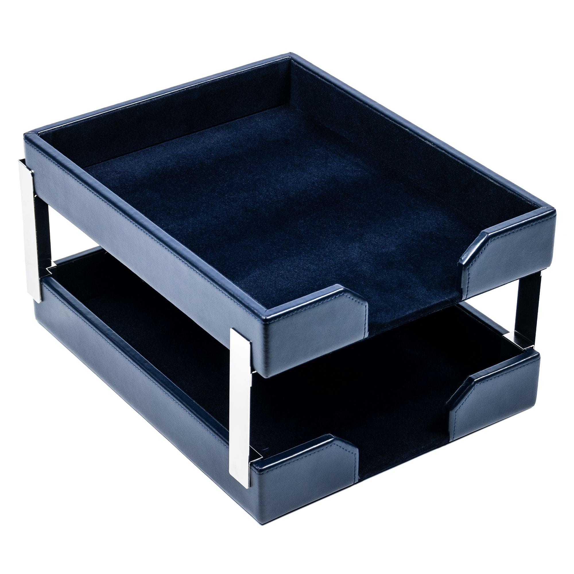 Navy Blue Bonded Leather Letter Trays, Stacking Set, Silver Navy Blue Bonded Leather Letter Trays, Stacking Set, Silver