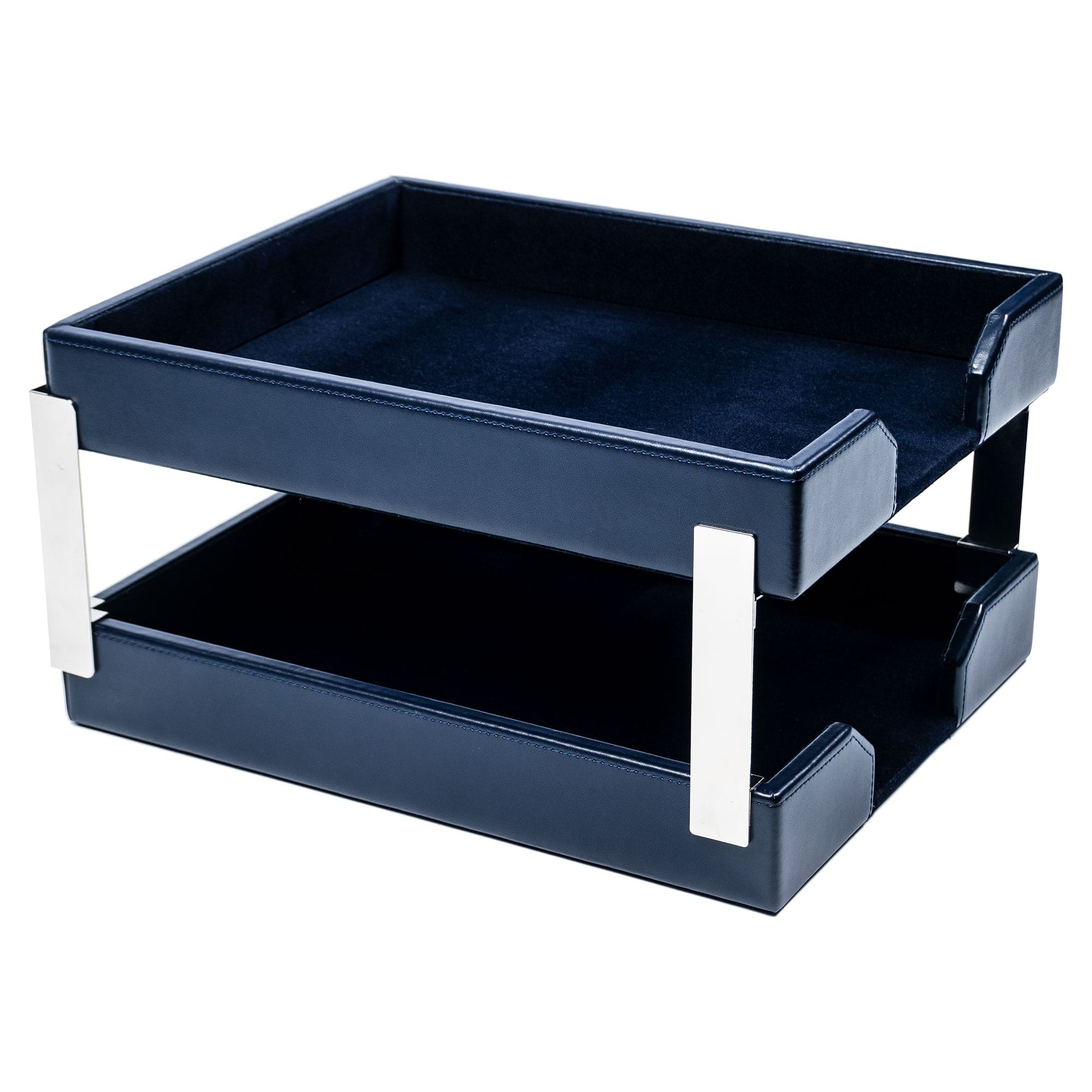 Navy Blue Bonded Leather Letter Trays, Stacking Set, Silver Navy Blue Bonded Leather Letter Trays, Stacking Set, Silver