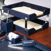 Navy Blue Bonded Leather Letter Trays, Stacking Set, Silver Navy Blue Bonded Leather Letter Trays, Stacking Set, Silver