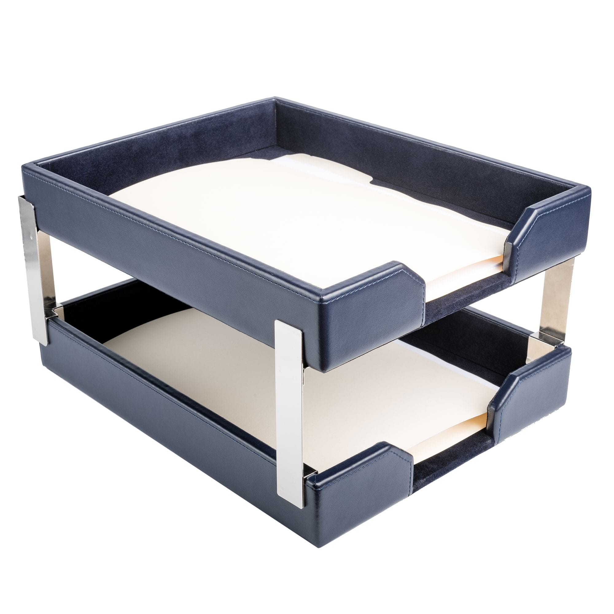 Navy Blue Bonded Leather Letter Trays, Stacking Set, Silver Navy Blue Bonded Leather Letter Trays, Stacking Set, Silver
