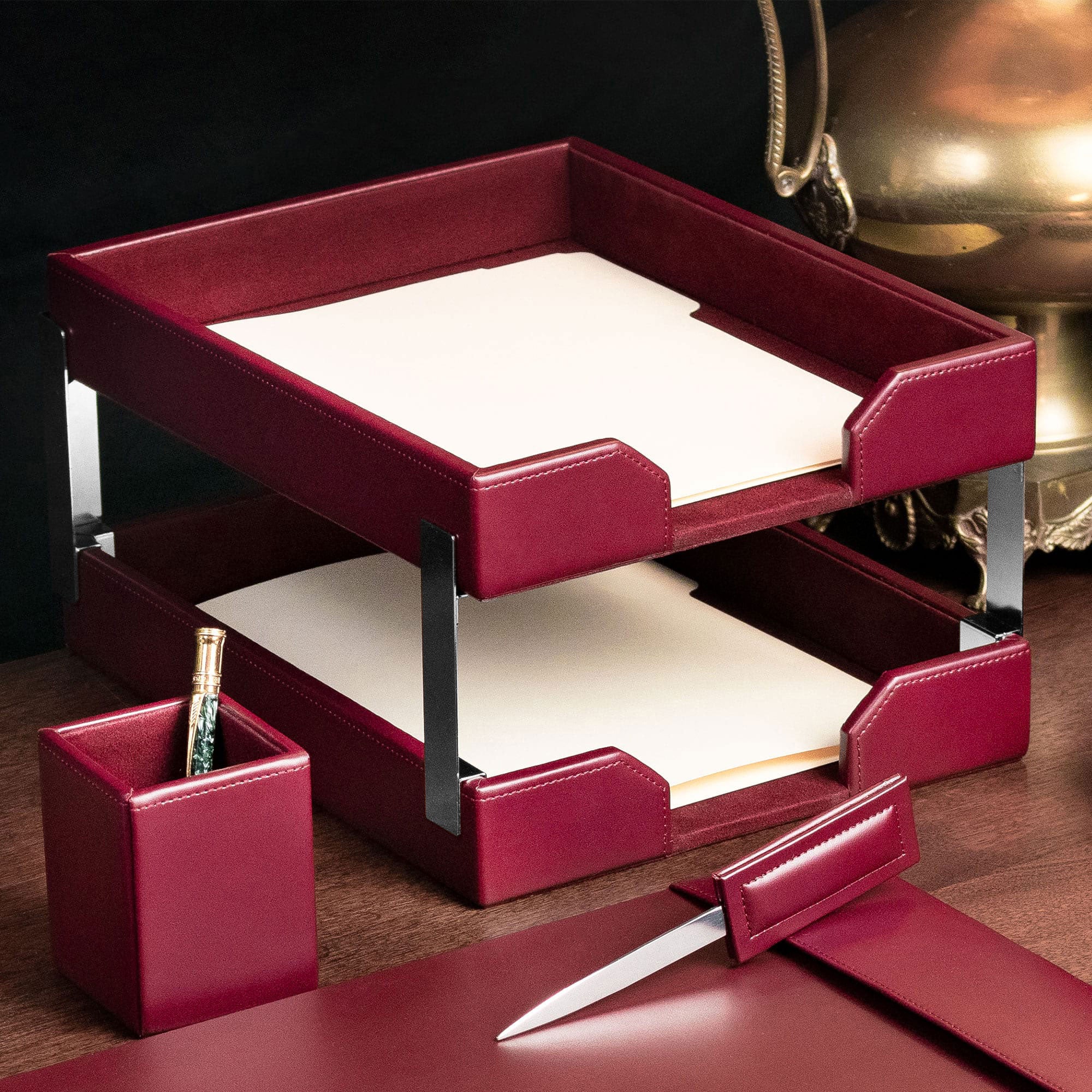 Burgundy Bonded Leather Letter Trays, Stacking Set, Silver Burgundy Bonded Leather Letter Trays, Stacking Set, Silver