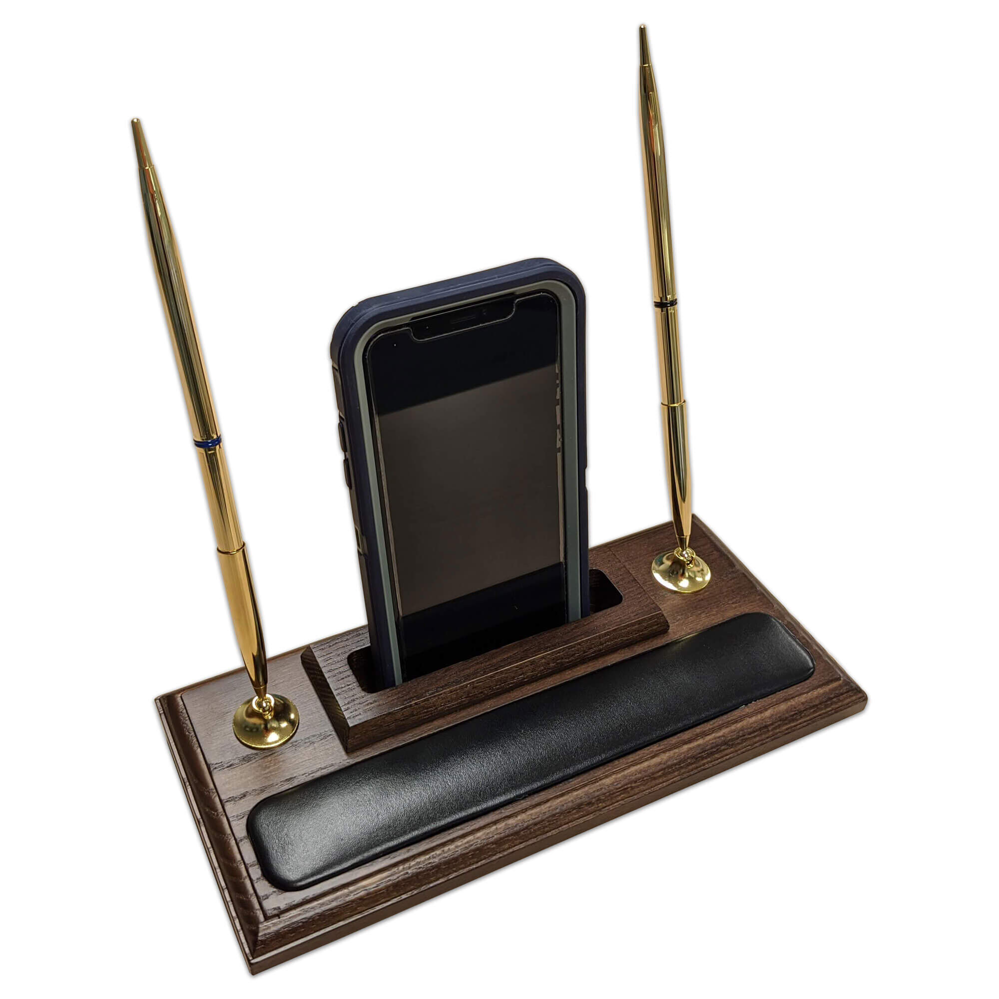 Walnut and Leather Double Pen Stand with Cell Phone Holder Walnut and Leather Double Pen Stand with Cell Phone Holder