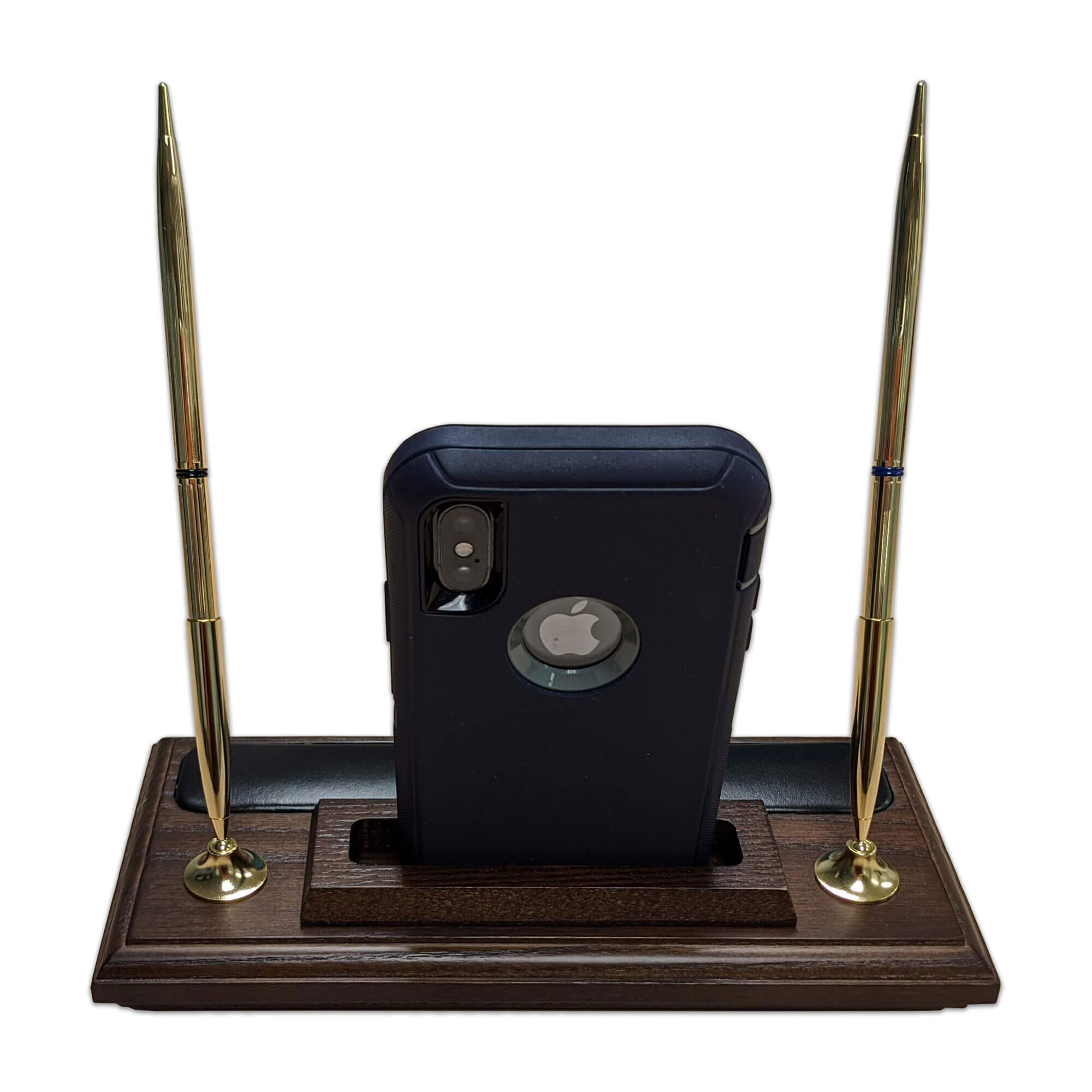 Walnut and Leather Double Pen Stand with Cell Phone Holder Walnut and Leather Double Pen Stand with Cell Phone Holder
