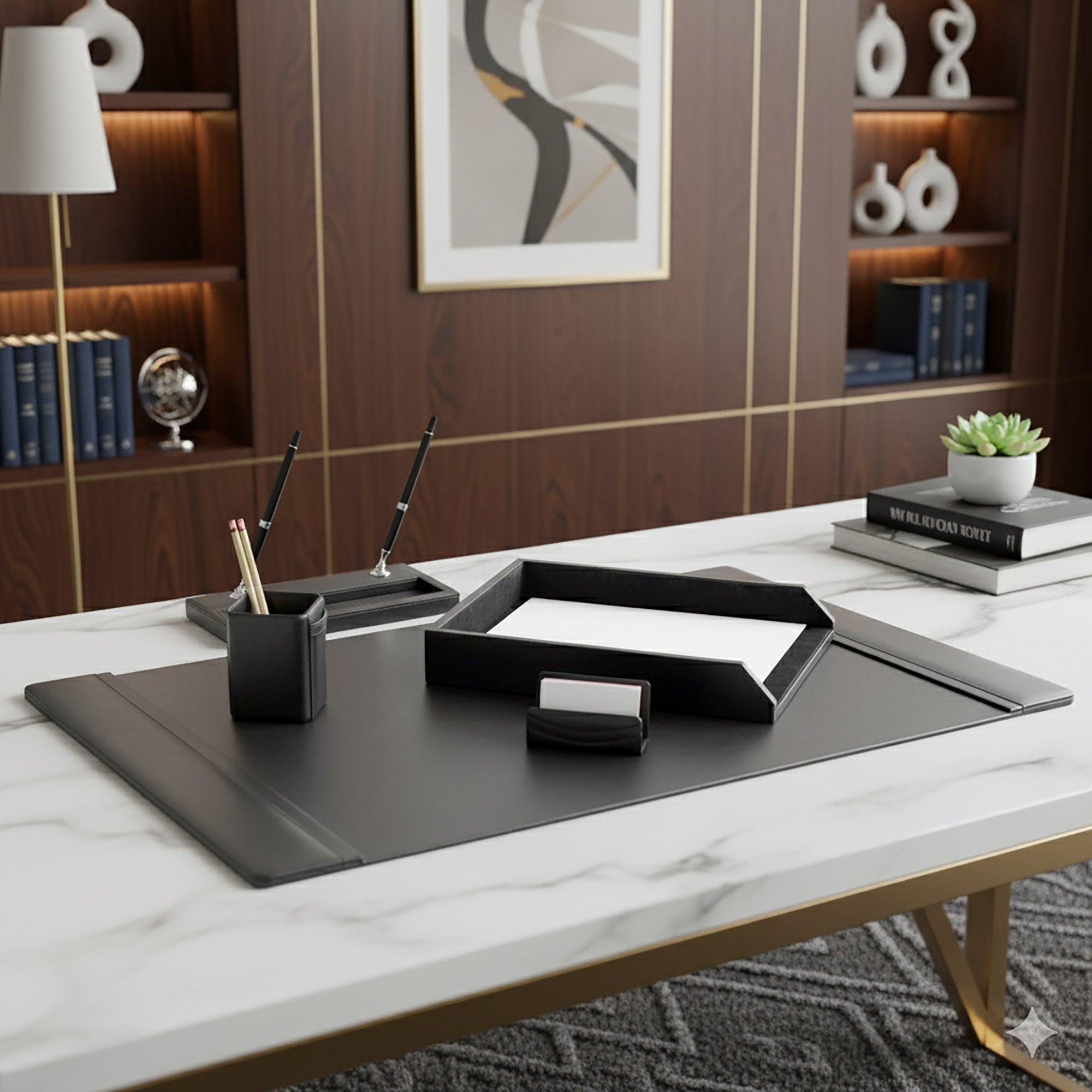 Classic Black Leather 5pc Desk Set, Silver Accent Classic Black Leather 5pc Desk Set, Silver Accent