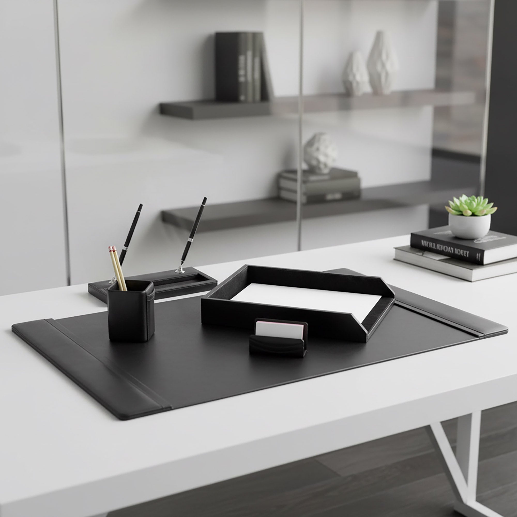 Classic Black Leather 5pc Desk Set, Silver Accent Classic Black Leather 5pc Desk Set, Silver Accent
