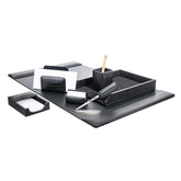 Classic Black Leather 7pc Desk Set, Silver Accent
