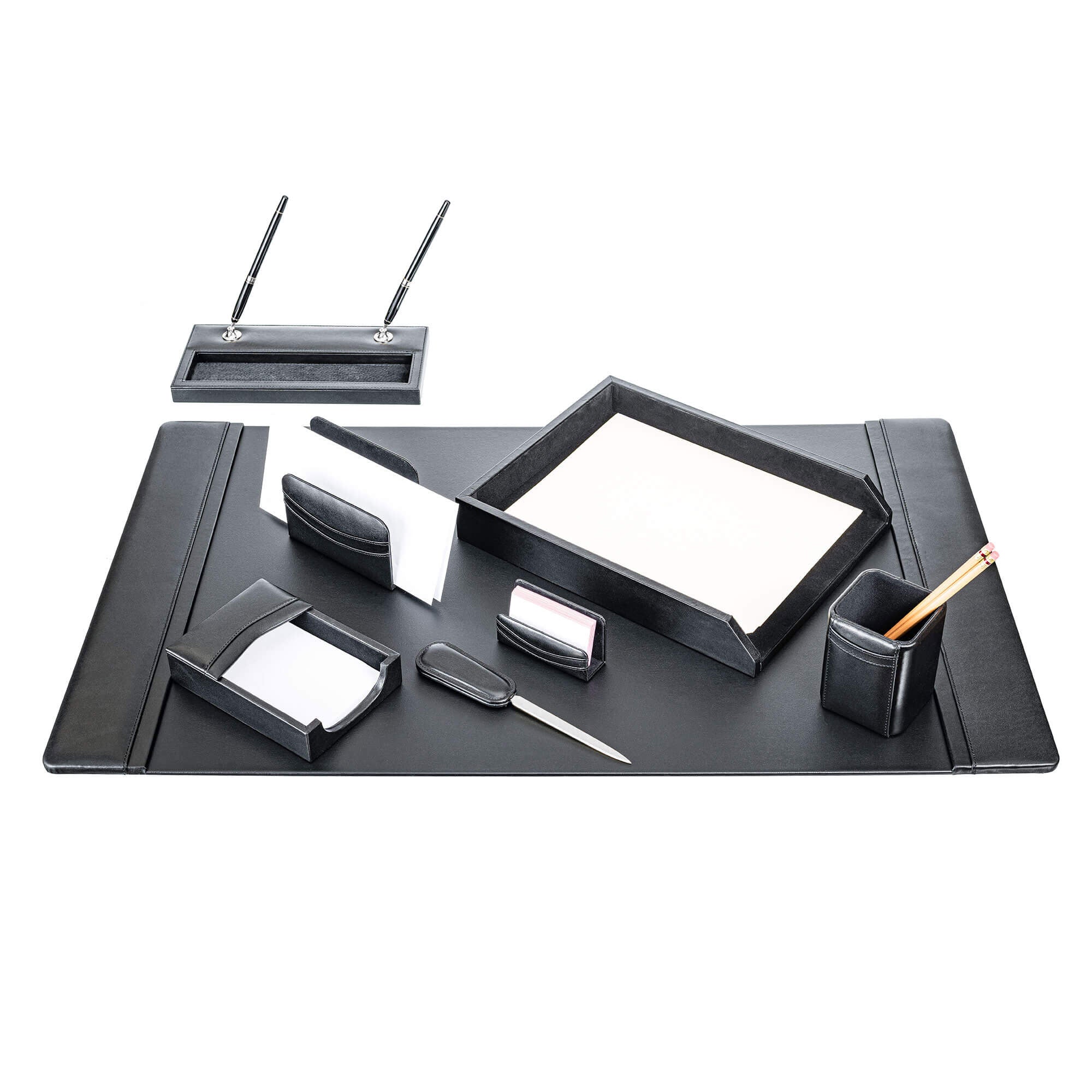 Classic Black Leather 8pc Desk Set, Silver Accent Classic Black Leather 8pc Desk Set, Silver Accent