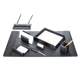 Classic Black Leather 8pc Desk Set, Silver Accent
