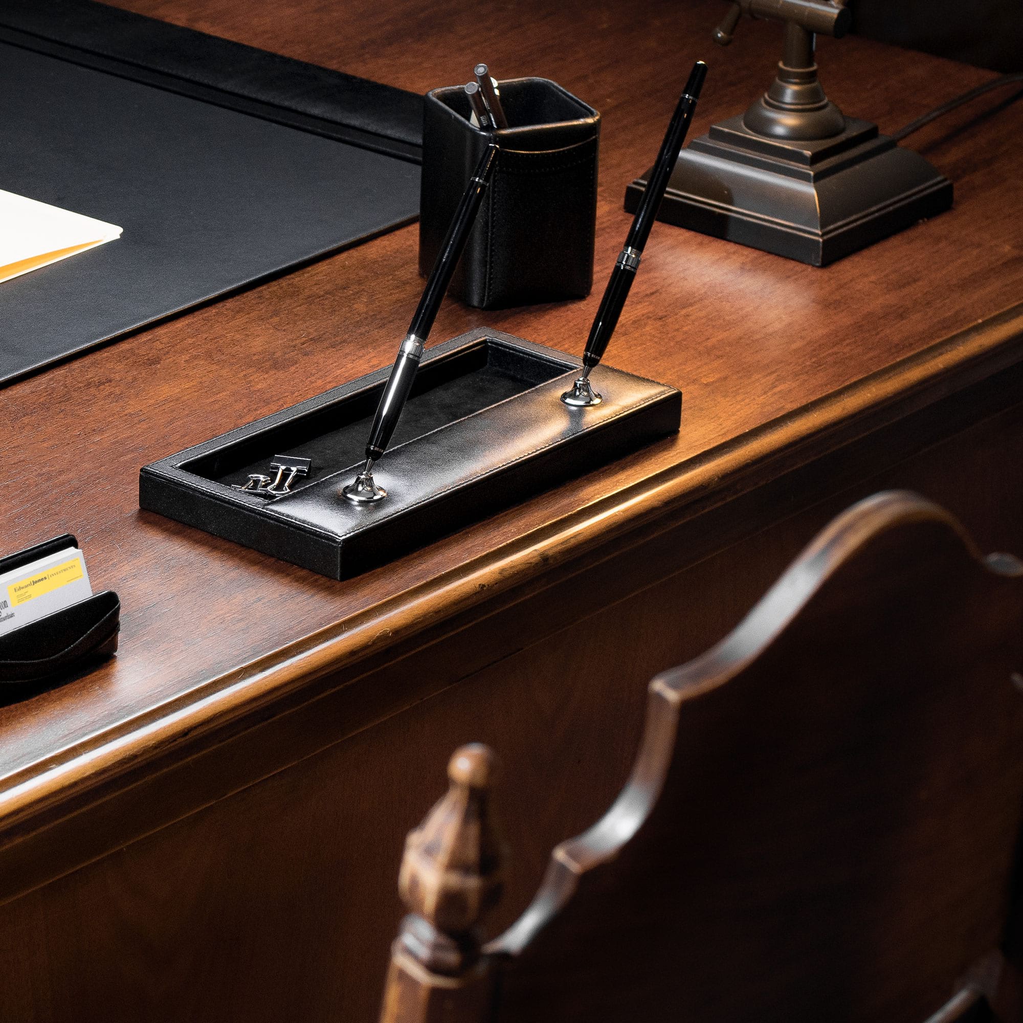 Classic Black Leather 8pc Desk Set, Silver Accent Classic Black Leather 8pc Desk Set, Silver Accent