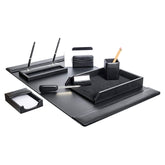 Classic Black Leather 8pc Desk Set, Silver Accent