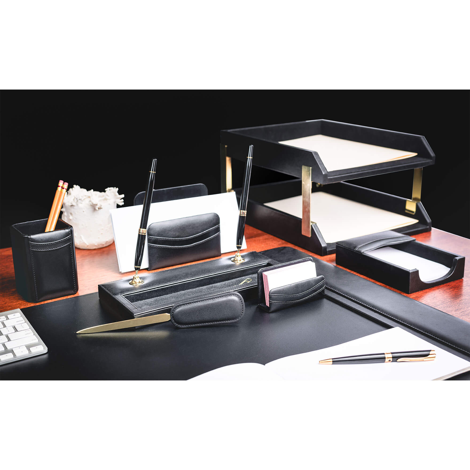 Black Leather 10pc Desk Set, Gold Accent Black Leather 10pc Desk Set, Gold Accent