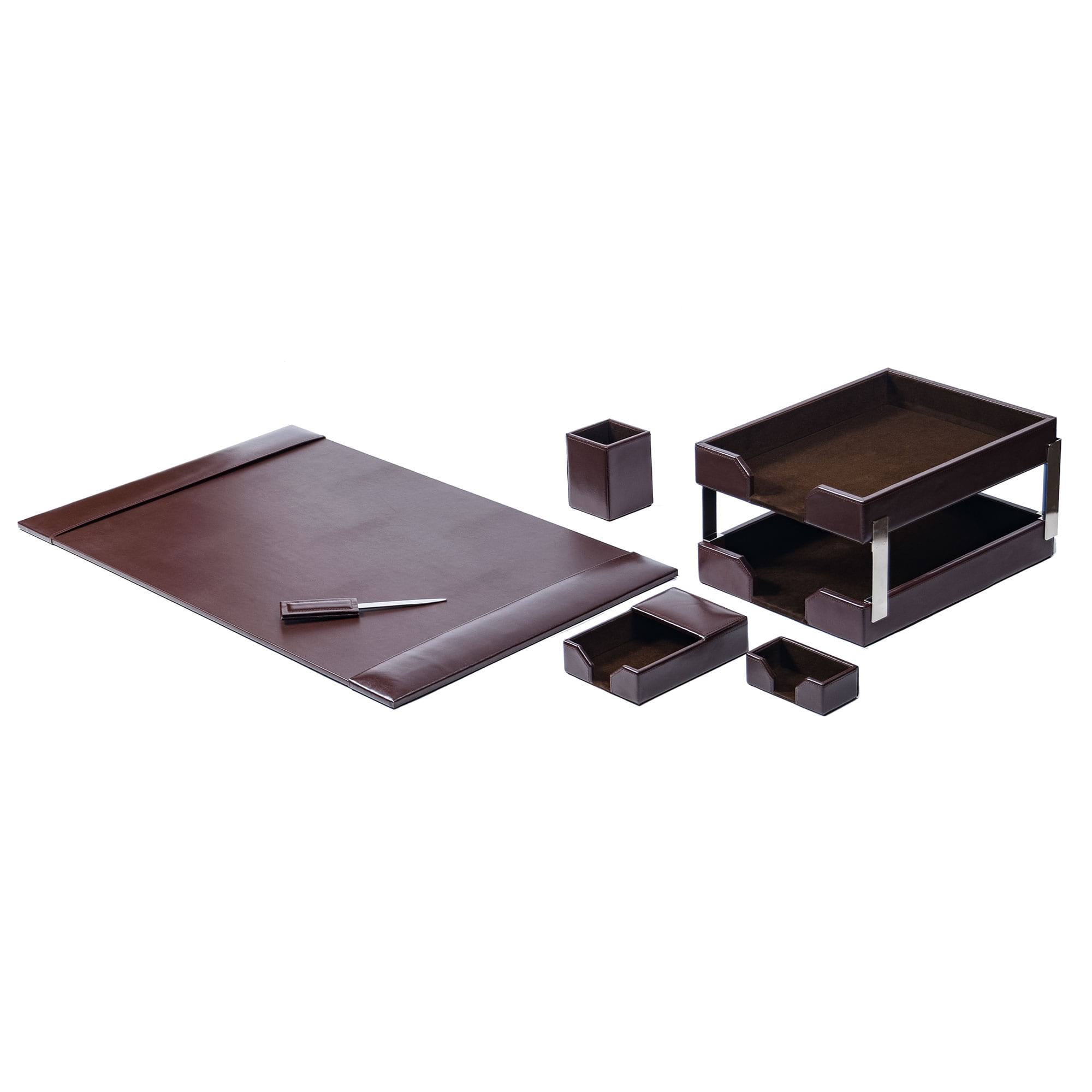 Dark Brown Bonded Leather Desk Set, 8pc Dark Brown Bonded Leather Desk Set, 8pc