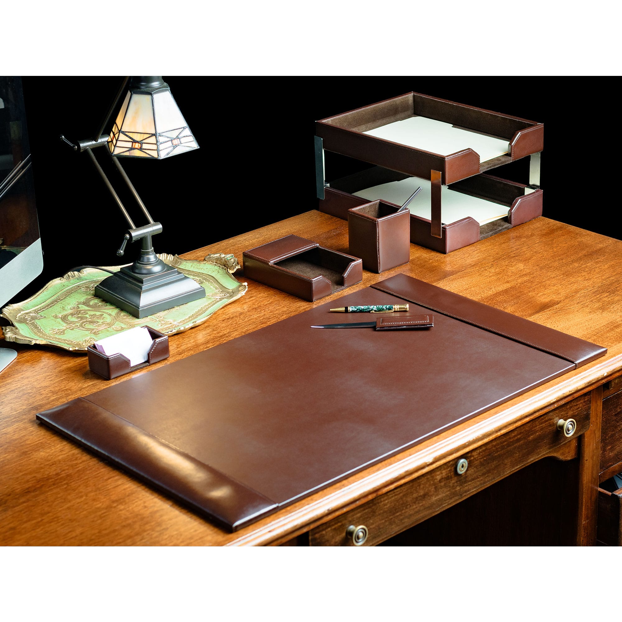 Dark Brown Bonded Leather Desk Set, 8pc Dark Brown Bonded Leather Desk Set, 8pc