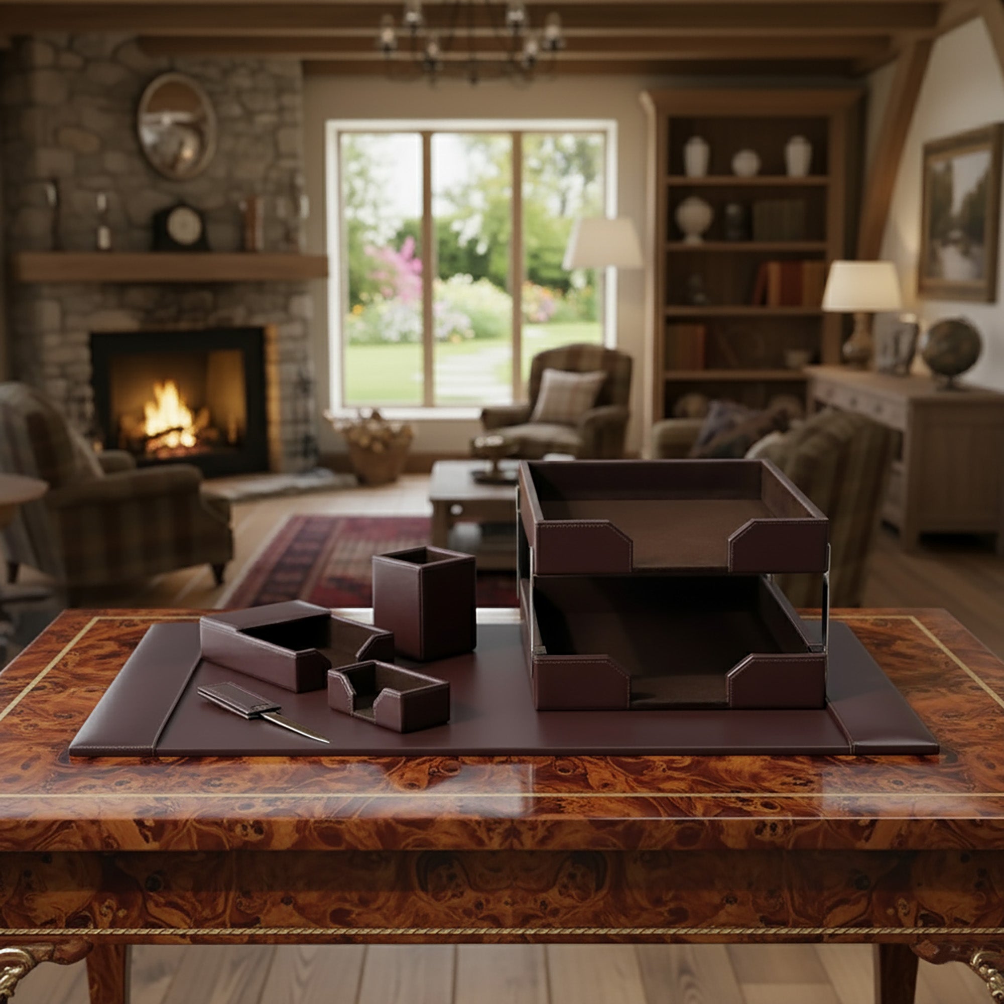 Dark Brown Bonded Leather Desk Set, 8pc Dark Brown Bonded Leather Desk Set, 8pc