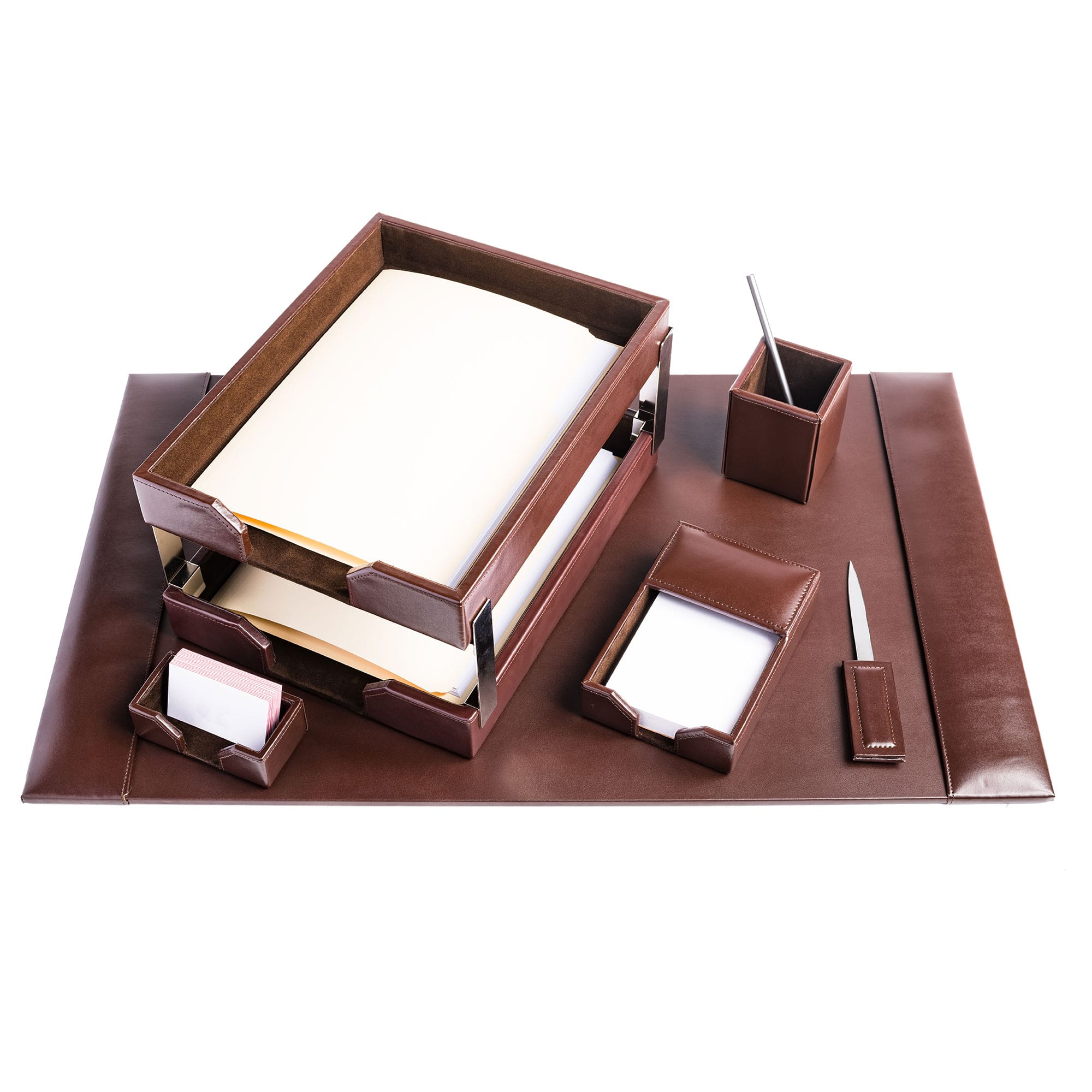Dark Brown Bonded Leather Desk Set, 8pc Dark Brown Bonded Leather Desk Set, 8pc