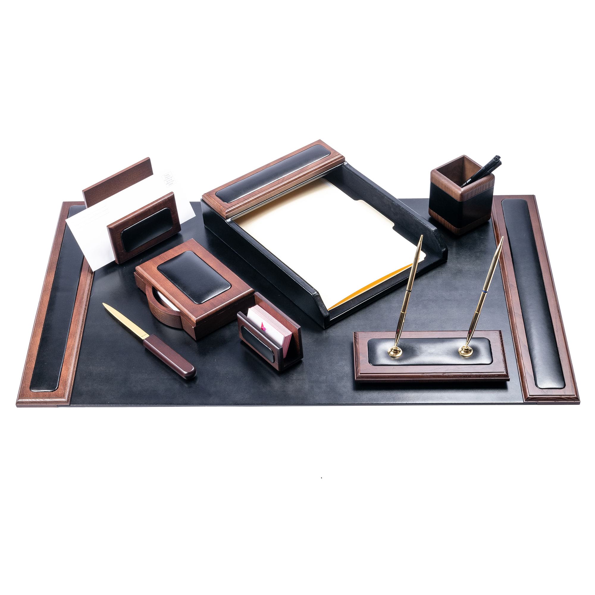 Walnut & Black Leather Desk Set, 8pc Walnut & Black Leather Desk Set, 8pc
