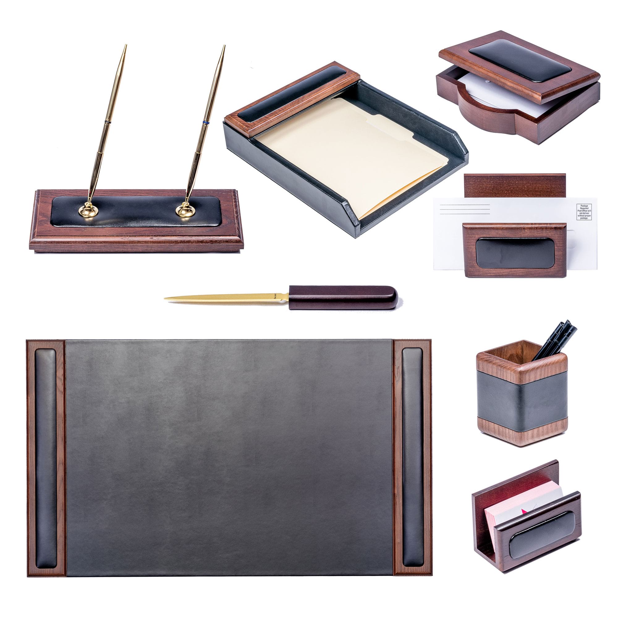 Walnut & Black Leather Desk Set, 8pc Walnut & Black Leather Desk Set, 8pc