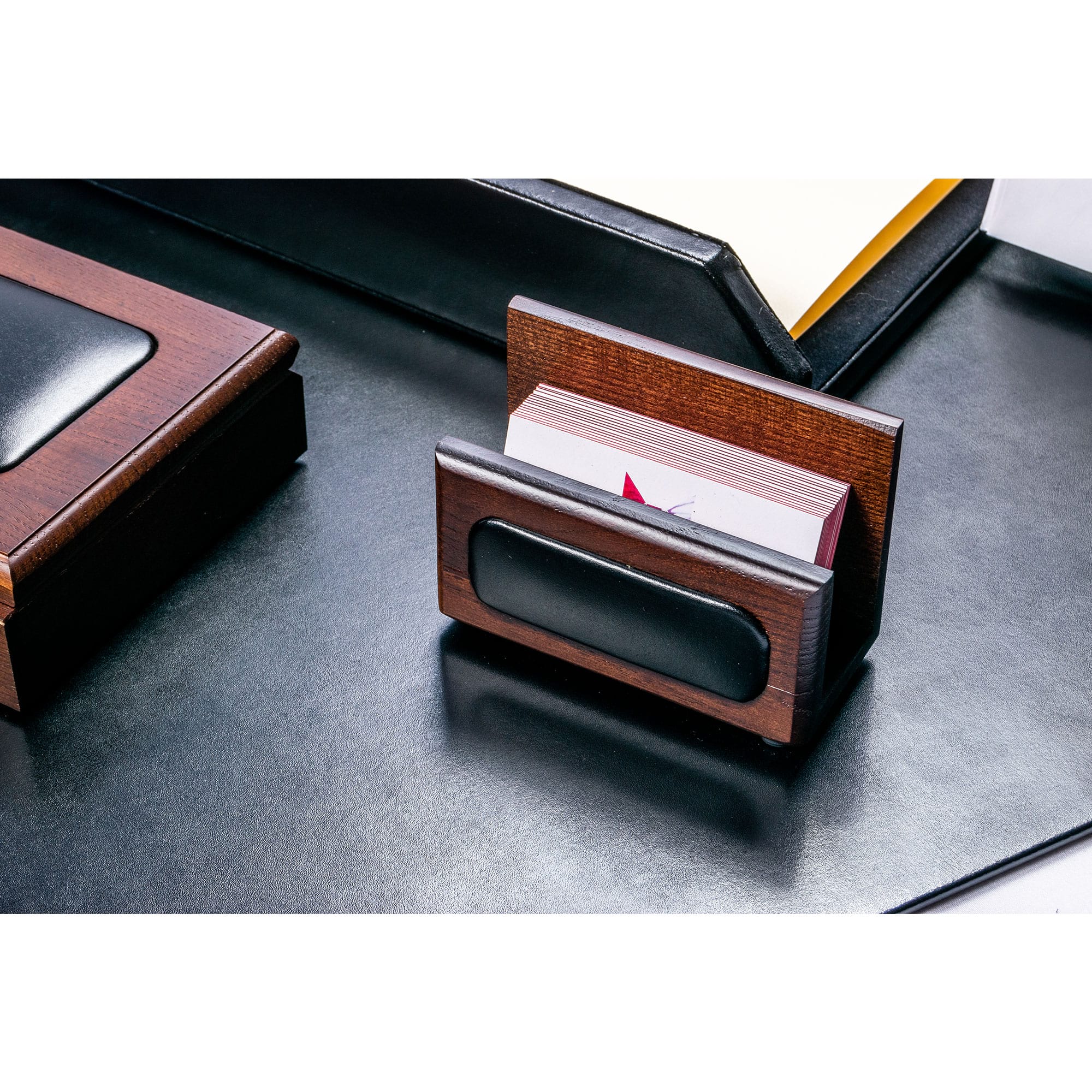 Walnut & Black Leather Desk Set, 10pc Walnut & Black Leather Desk Set, 10pc