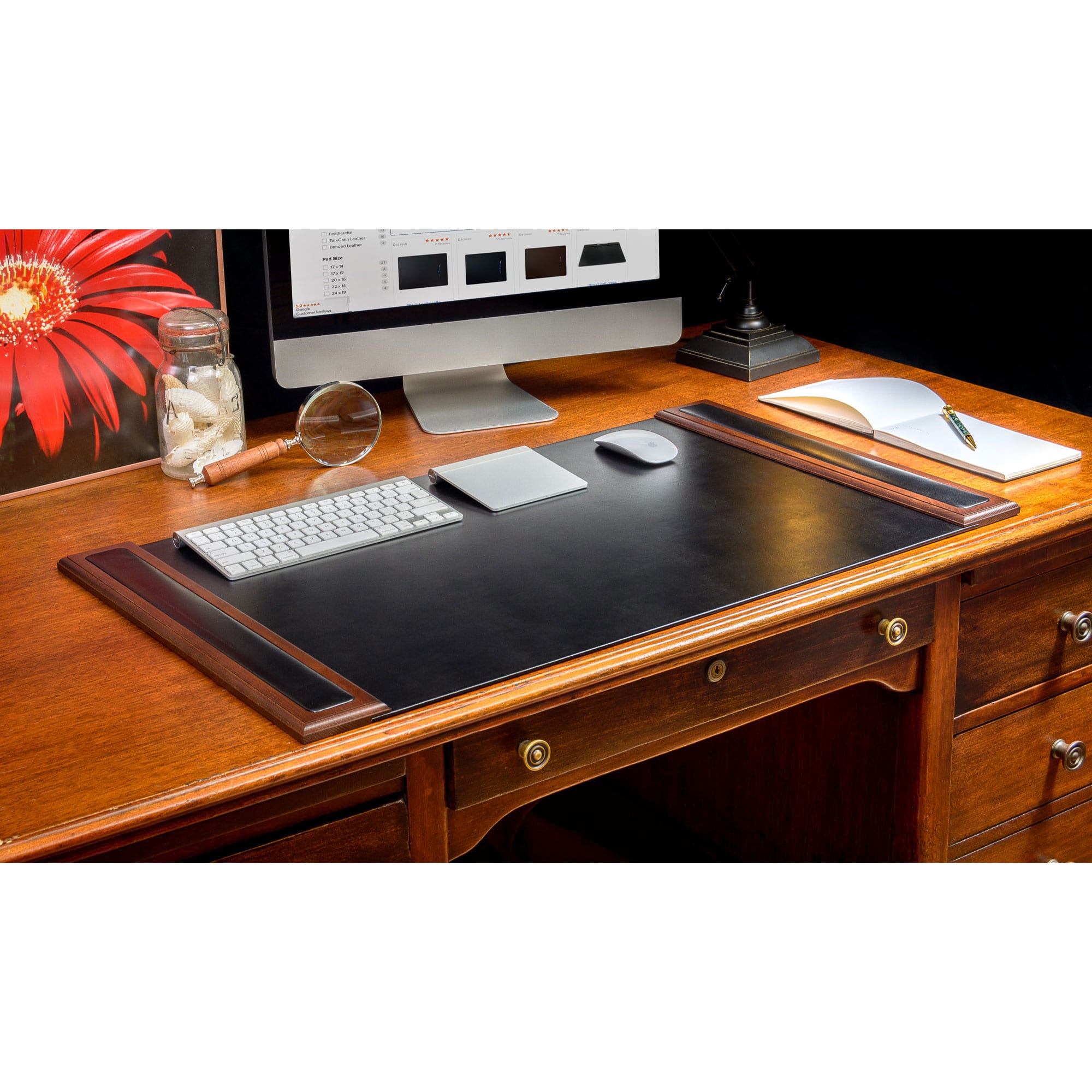 Walnut & Black Leather Desk Set, 10pc Walnut & Black Leather Desk Set, 10pc