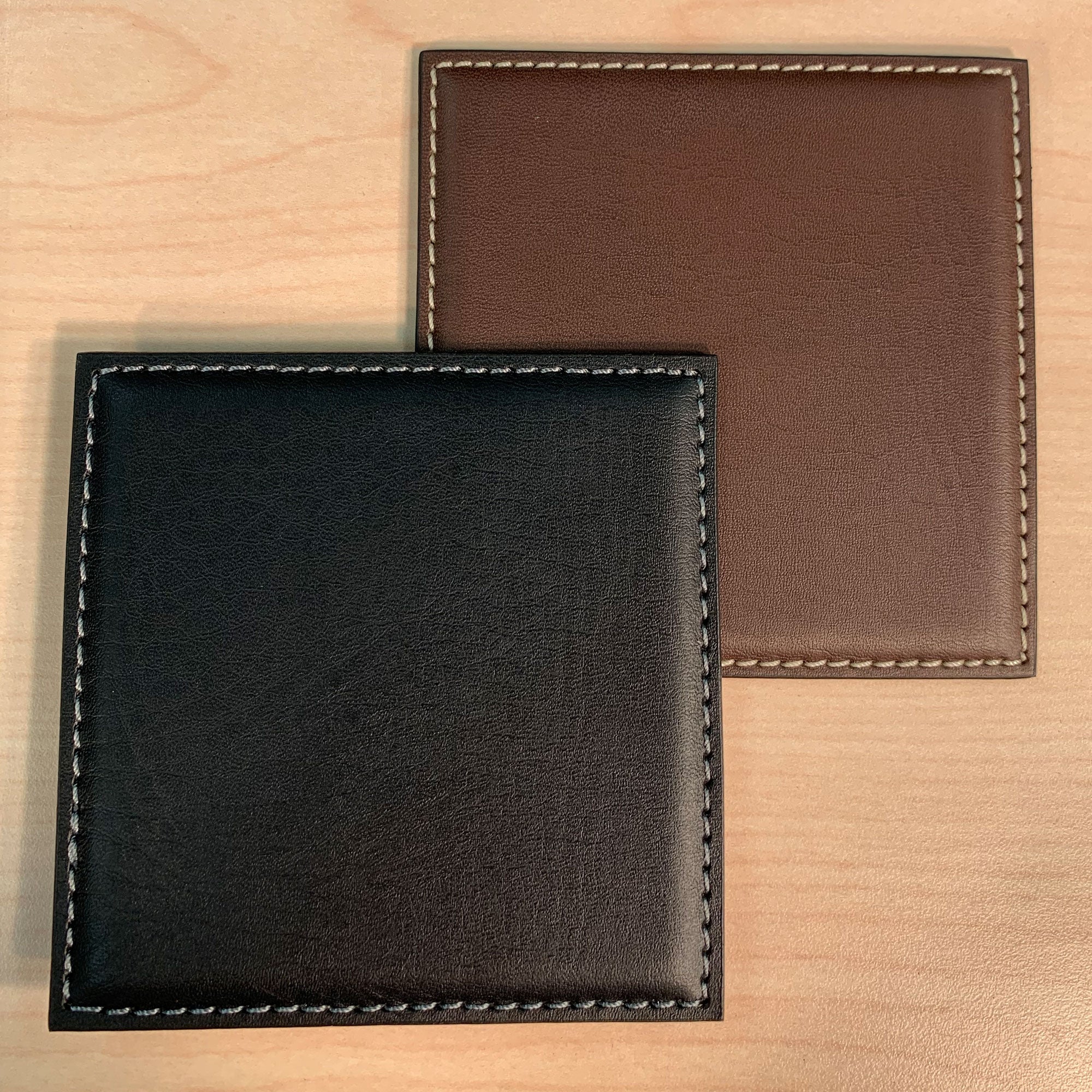 Black Leatherette Low Profile Coaster w/ White Stitching - CLEARANCE Black Leatherette Low Profile Coaster w/ White Stitching - CLEARANCE