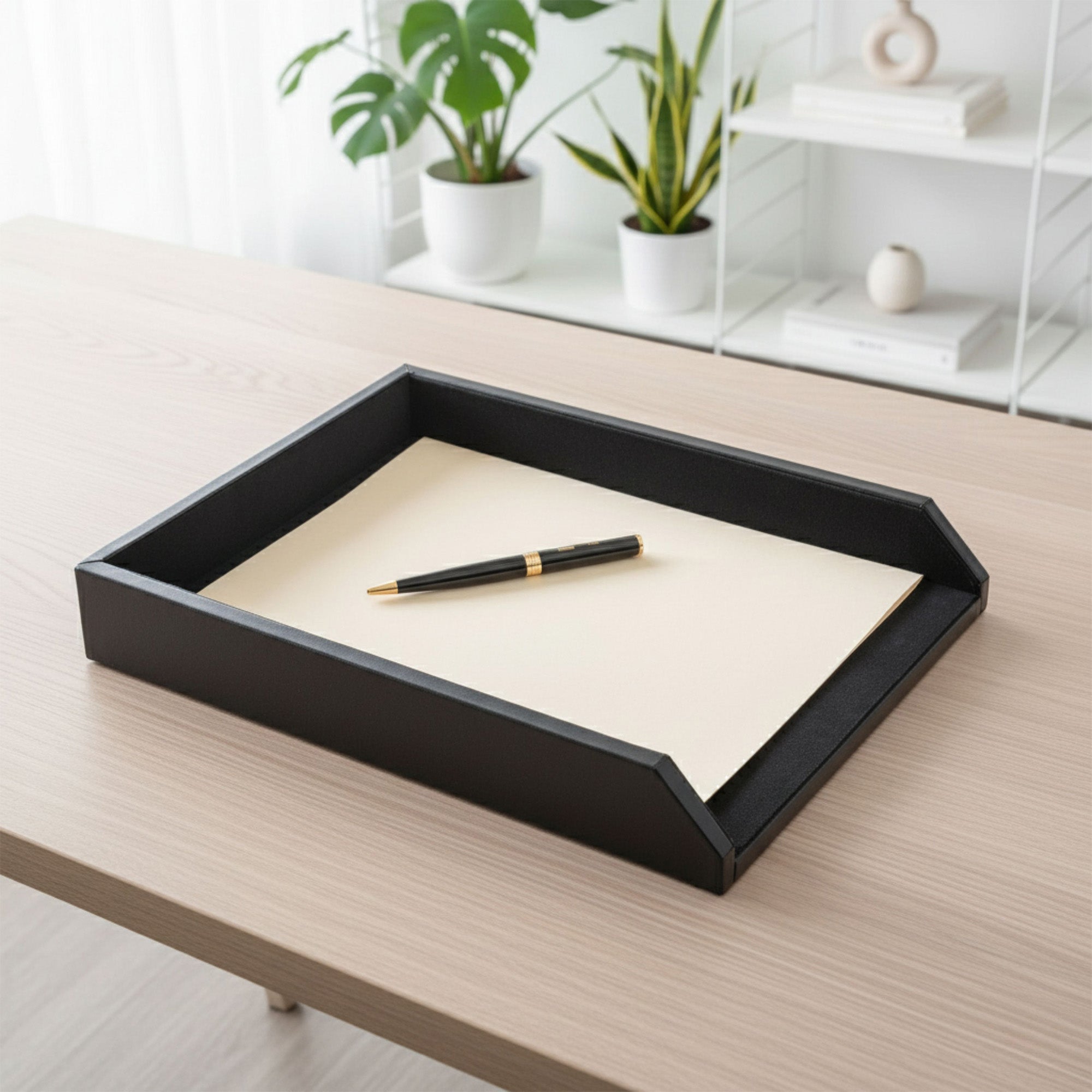 Classic Black Leather Letter Tray