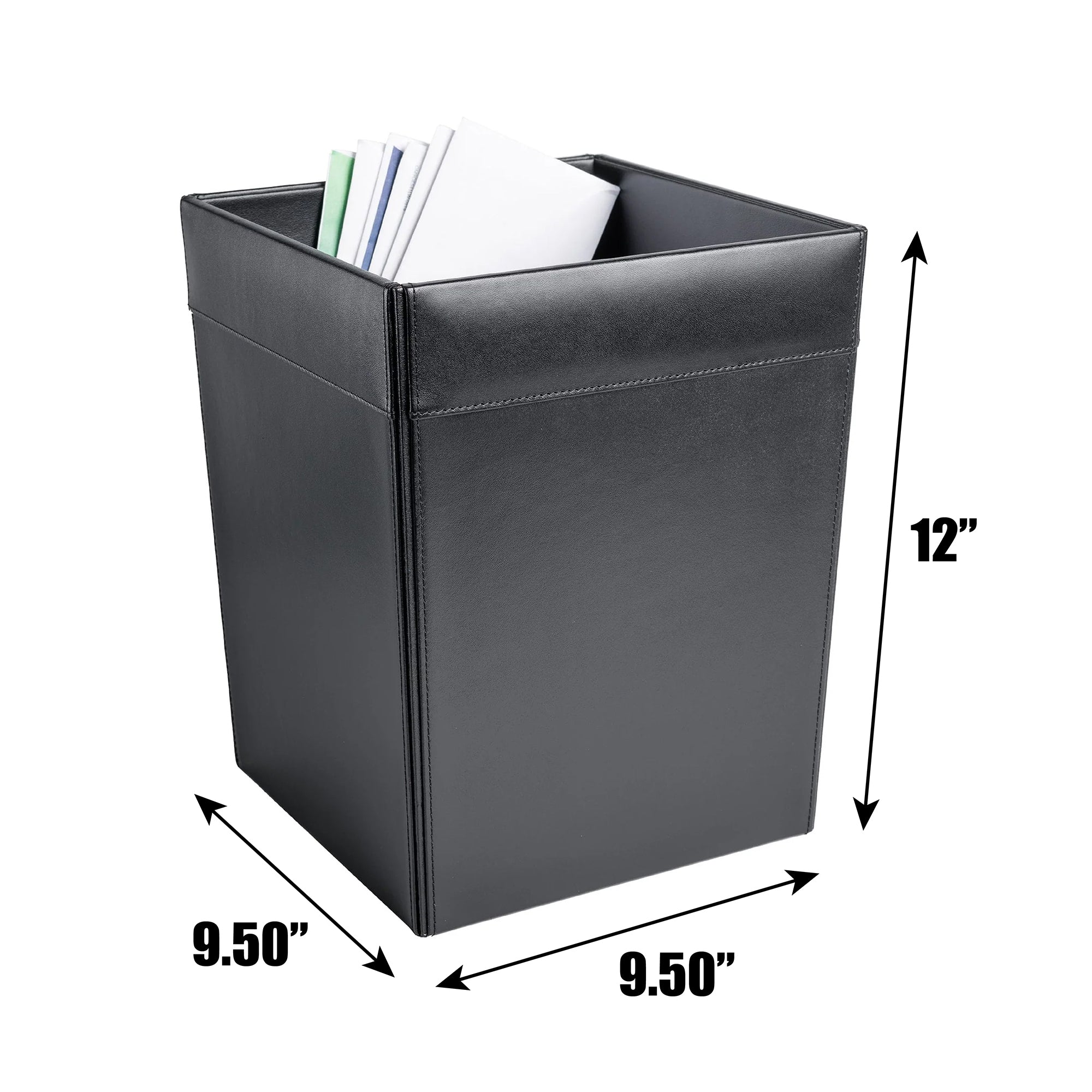 Classic Black Leather Square Waste Basket, 14 Qt