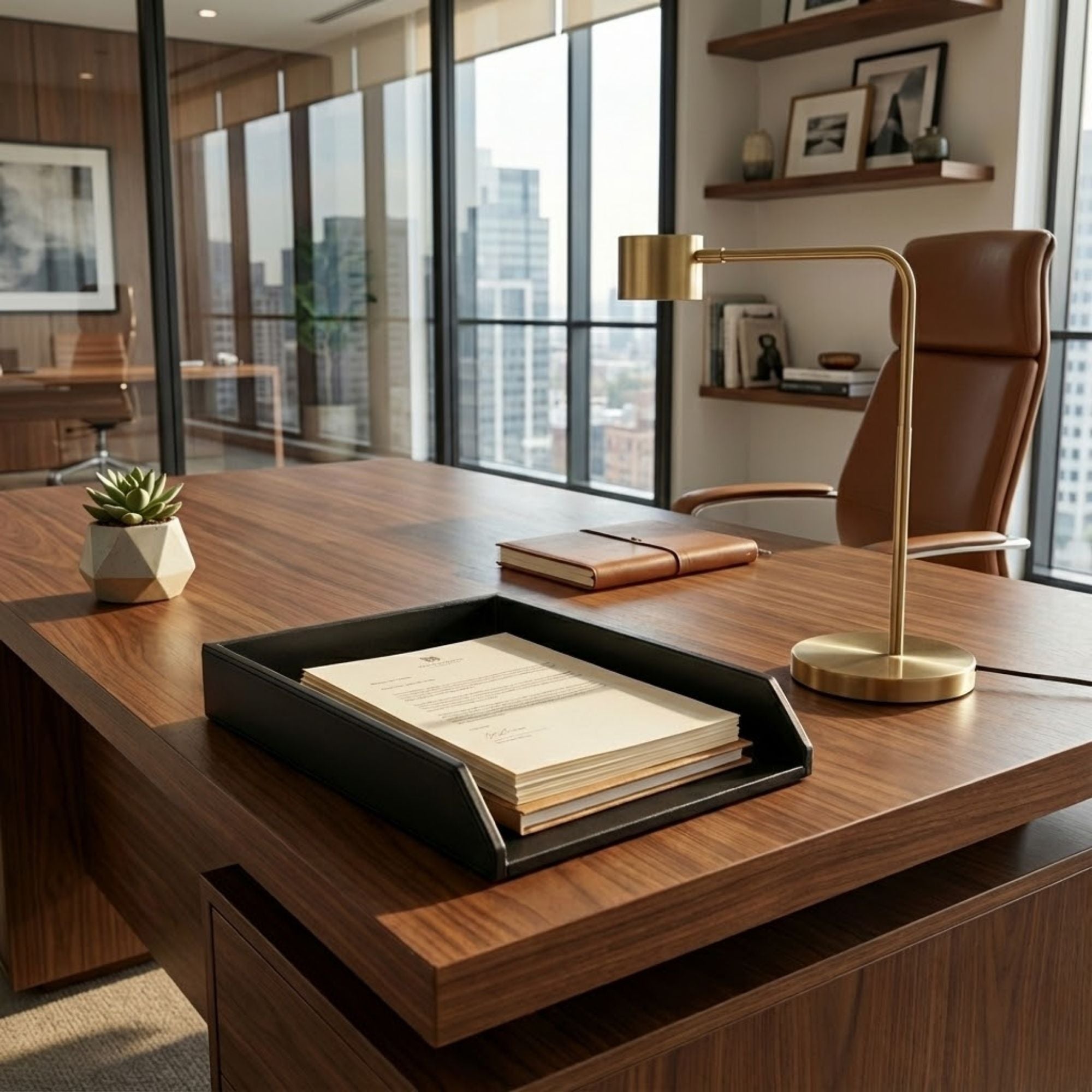 Classic Black Leather Letter Tray, Legal Size