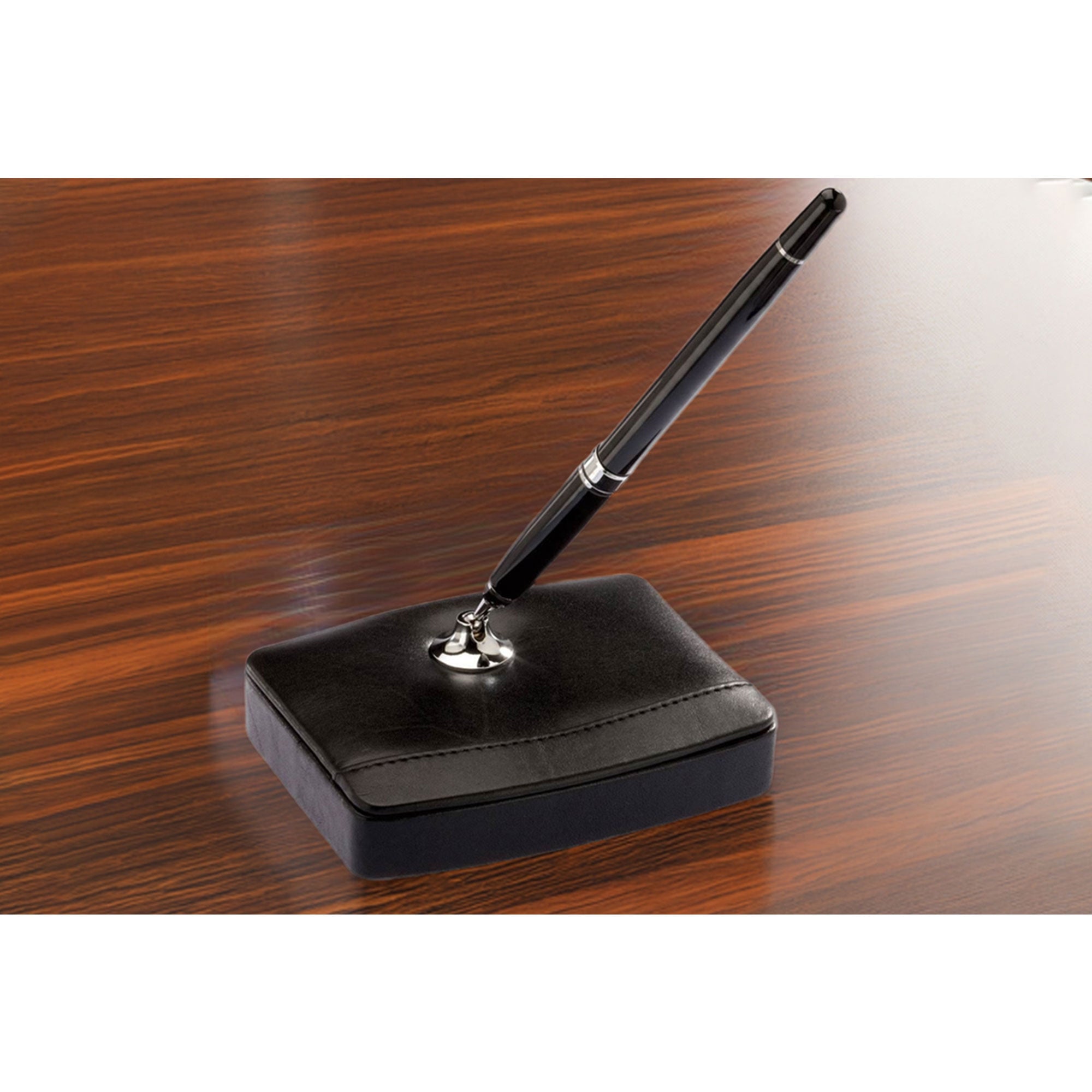Classic Black Leather Single Pen Stand, Silver